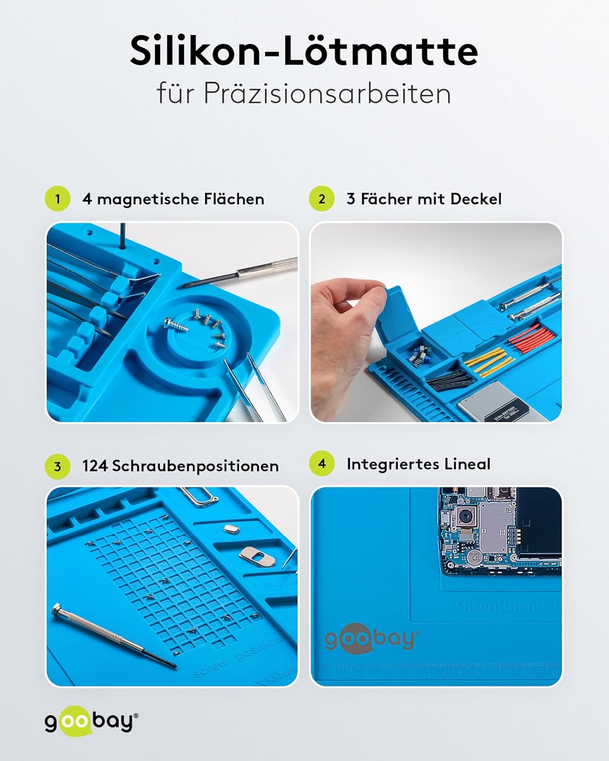 Magnetische Silikon Lötmatte/Geruchsfreie Arbeitsunterlage/Löten, Reparieren und Basteln/Rutschfeste Hitzebeständige Arbeitsmatte/Integriertes Lineal / 45cm x 30cm / Blau