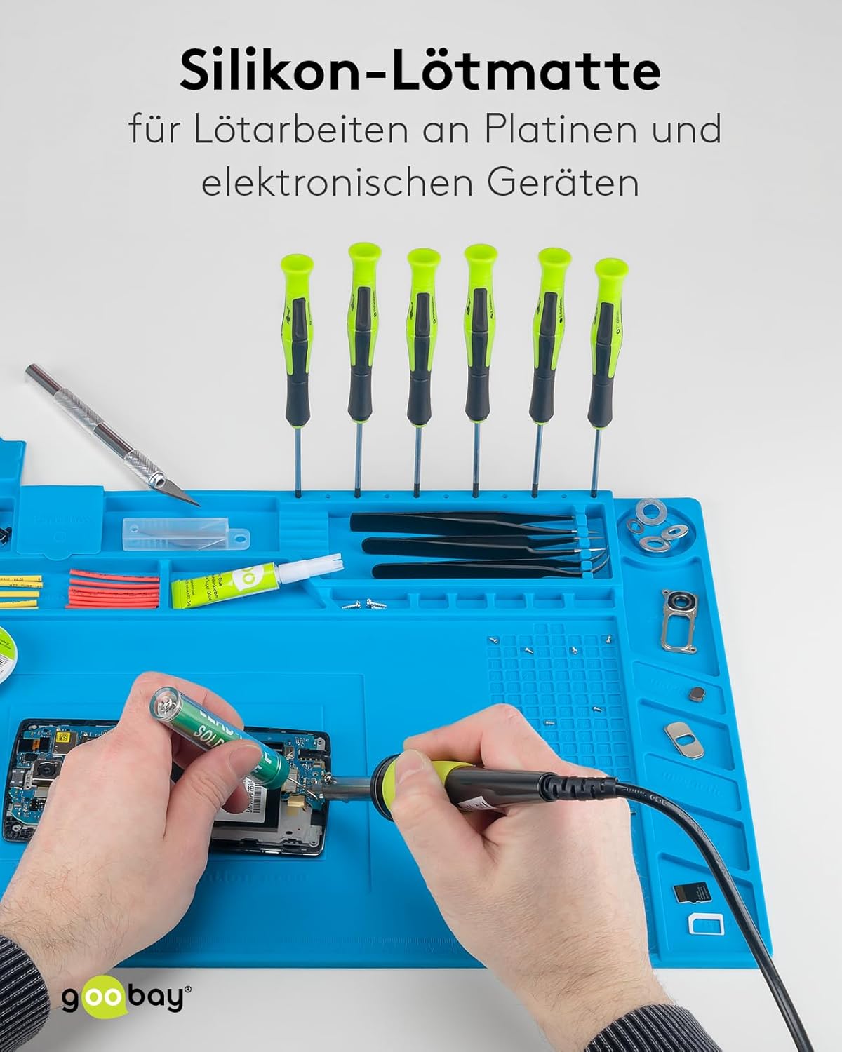 Magnetische Silikon Lötmatte/Geruchsfreie Arbeitsunterlage/Löten, Reparieren und Basteln/Rutschfeste Hitzebeständige Arbeitsmatte/Integriertes Lineal / 45cm x 30cm / Blau