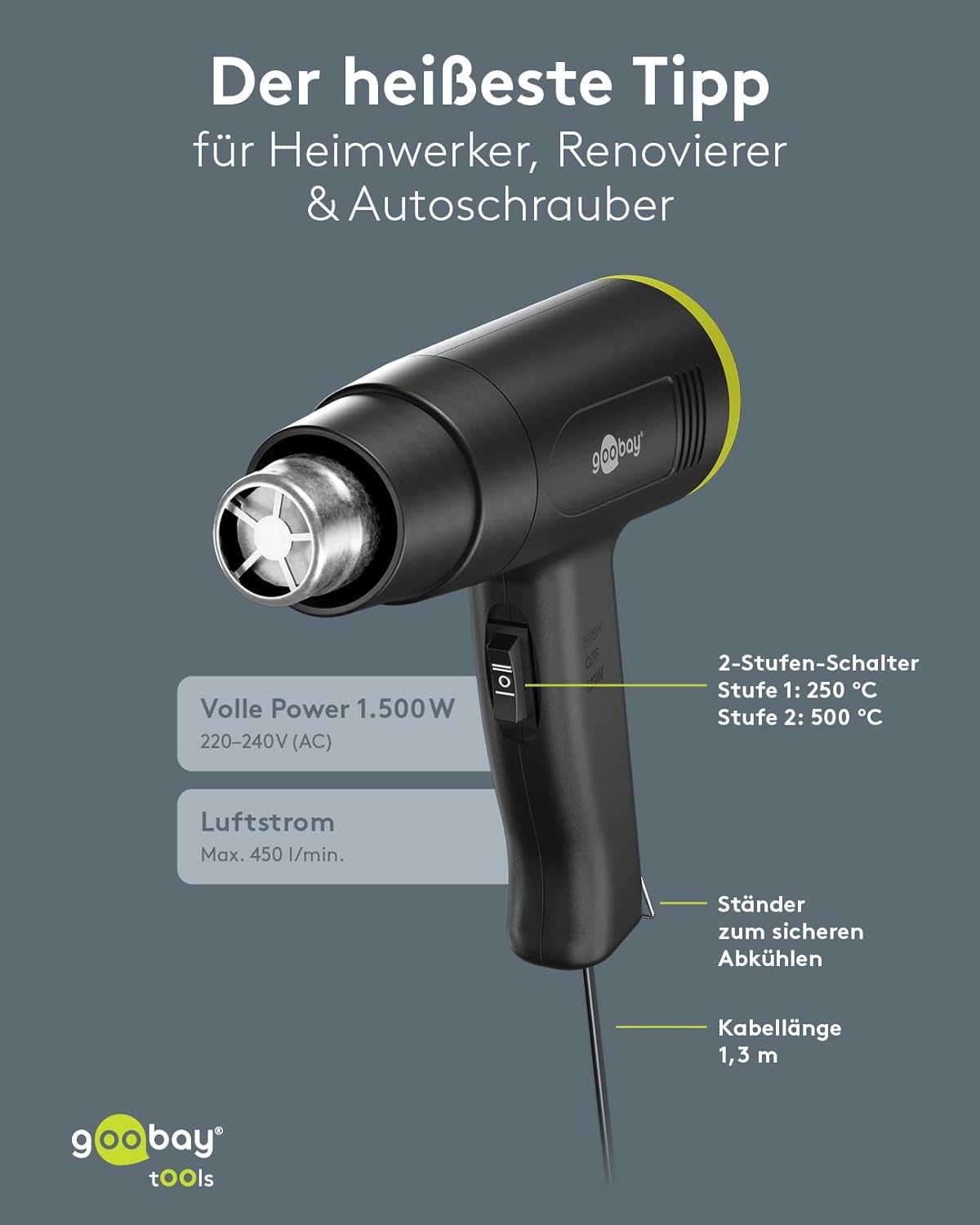 1500W Heißluftpistole - Heißluftfön, 2 Temperaturstufen (200°C/500°C), Luftstrom 450I/min, inkl. 4 Aufsätze für Schrumpfschläuche, Entlöten, Verformen, Abtauen, Trocknen