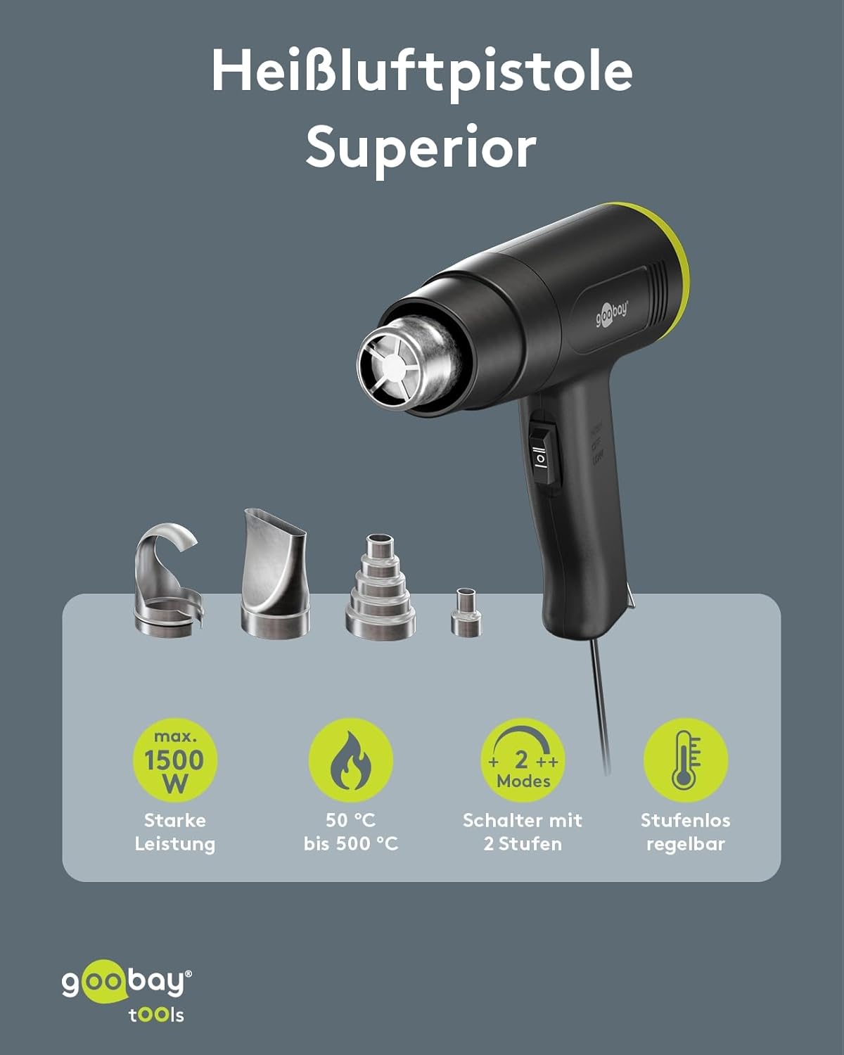 1500W Heißluftpistole - Heißluftfön, 2 einstellbare Temperaturintervalle (50°C-500°C), Luftstrom 450I/min, inkl. 4 Aufsätze für Schrumpfschläuche, Entlöten, Verformen, Abtauen