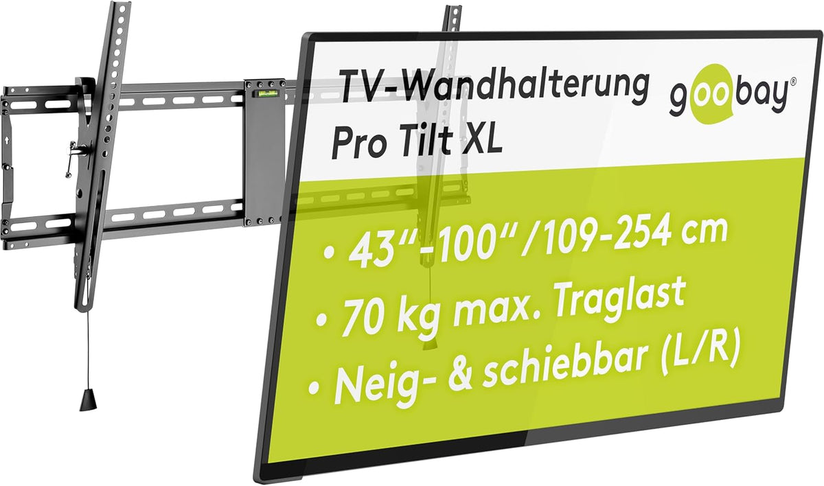 TV und Monitor Wandhalterung Pro (XL), neigbar (3 bis 12 Grad) und schwenkbar – 43 bis 100 Zoll LED-, LCD-, OLED-, Flache oder Gebogene Fernseher – 70 kg maximales Gewicht – Schwarz