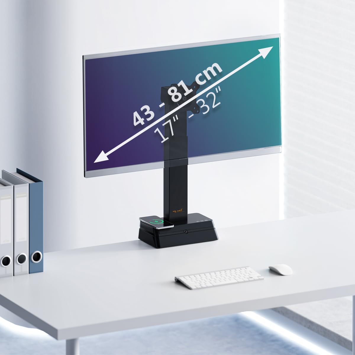 My Wall elektrische Monitor Halterung - HL66-1L, 1 Monitor, automatische Eye-Level Höhenverstellung, Monitor Halterung 17" - 32", Wireless Charging, drehbar, neigbar, rotierbar