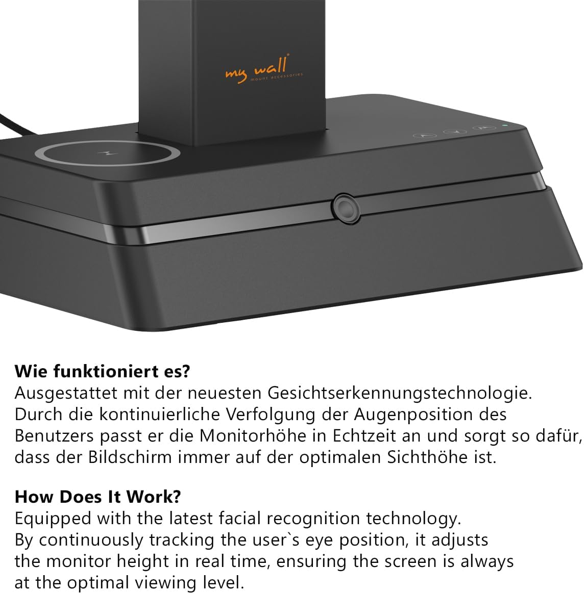 My Wall elektrische Monitor Halterung - HL66-1L, 1 Monitor, automatische Eye-Level Höhenverstellung, Monitor Halterung 17" - 32", Wireless Charging, drehbar, neigbar, rotierbar
