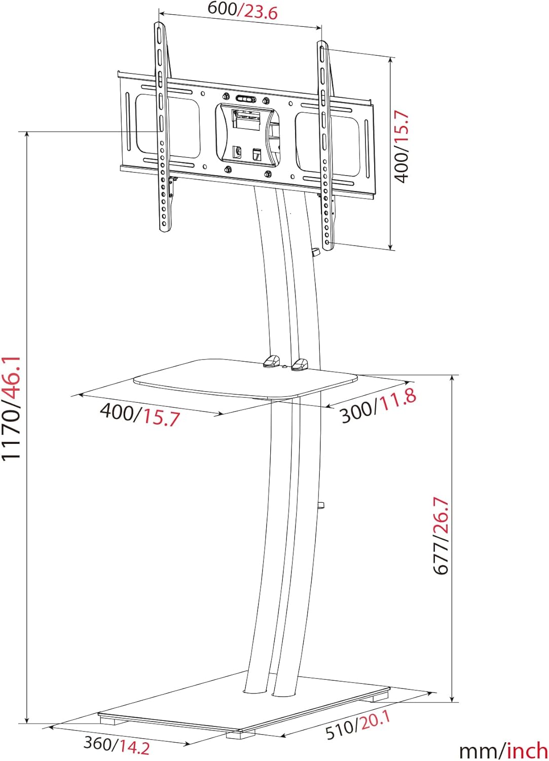 My Wall TV Standfuß HP107L - TV Ständer für 37-70 Zoll Bildschirme, bis zu 65 kg Belastung, Neigbar, Drehbar, Höhenverstellbar, TV Halterung mit Ablagefläche, TV Bodenständer