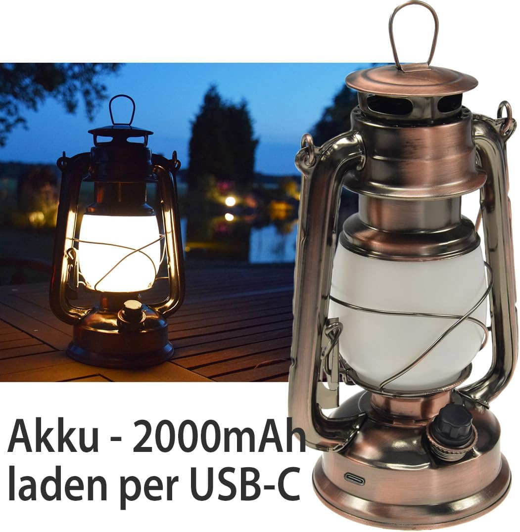 Campinglampe Akku USB-C wiederaufladbar 23cm Dimmbar Retro Gartenlaterne mit Bügel Warmweiß