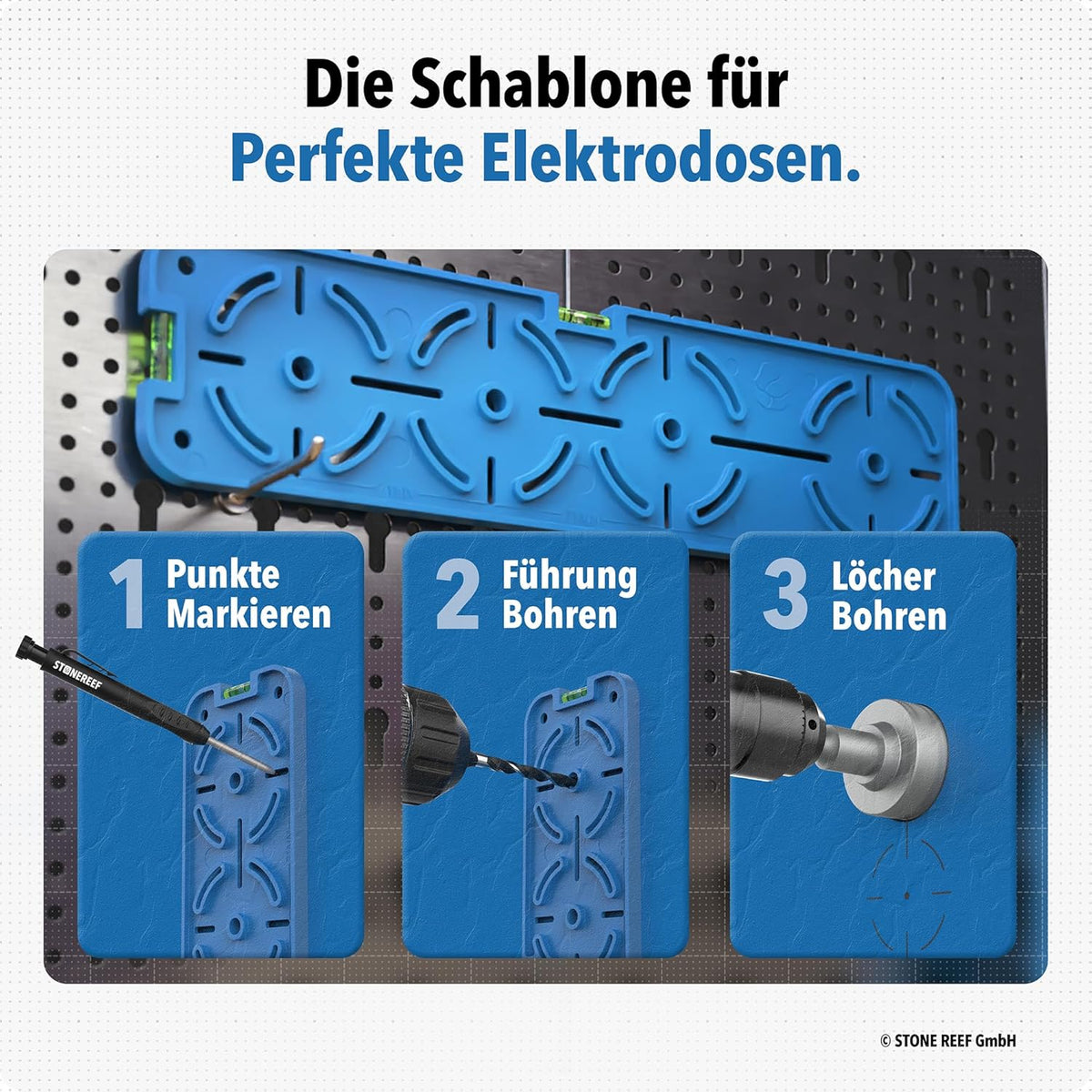 Bohrschablone Steckdose 68mm mit Wasserwaage – Bohrhilfe für Unterputzdose & Hohlwanddose – Blau/Grün – Schablone für Elektriker im Trockenbau – Steckdosen exakt ausrichten & bohren (Bohrschablone)