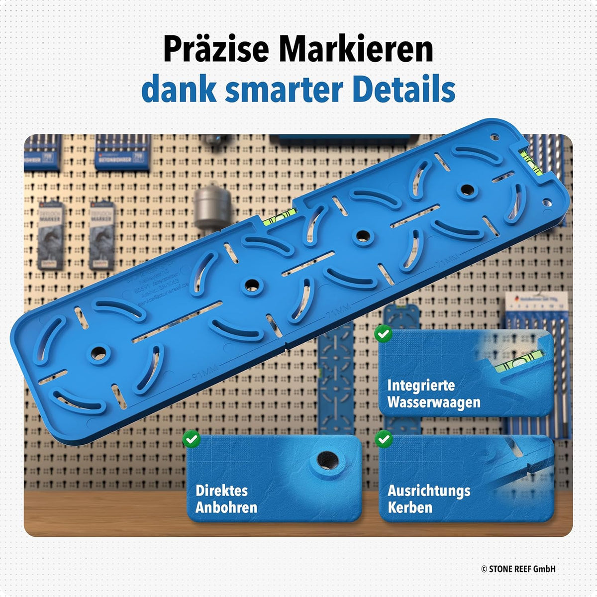 Bohrschablone Steckdose 68mm mit Wasserwaage – Bohrhilfe für Unterputzdose & Hohlwanddose – Blau/Grün – Schablone für Elektriker im Trockenbau – Steckdosen exakt ausrichten & bohren (Bohrschablone)