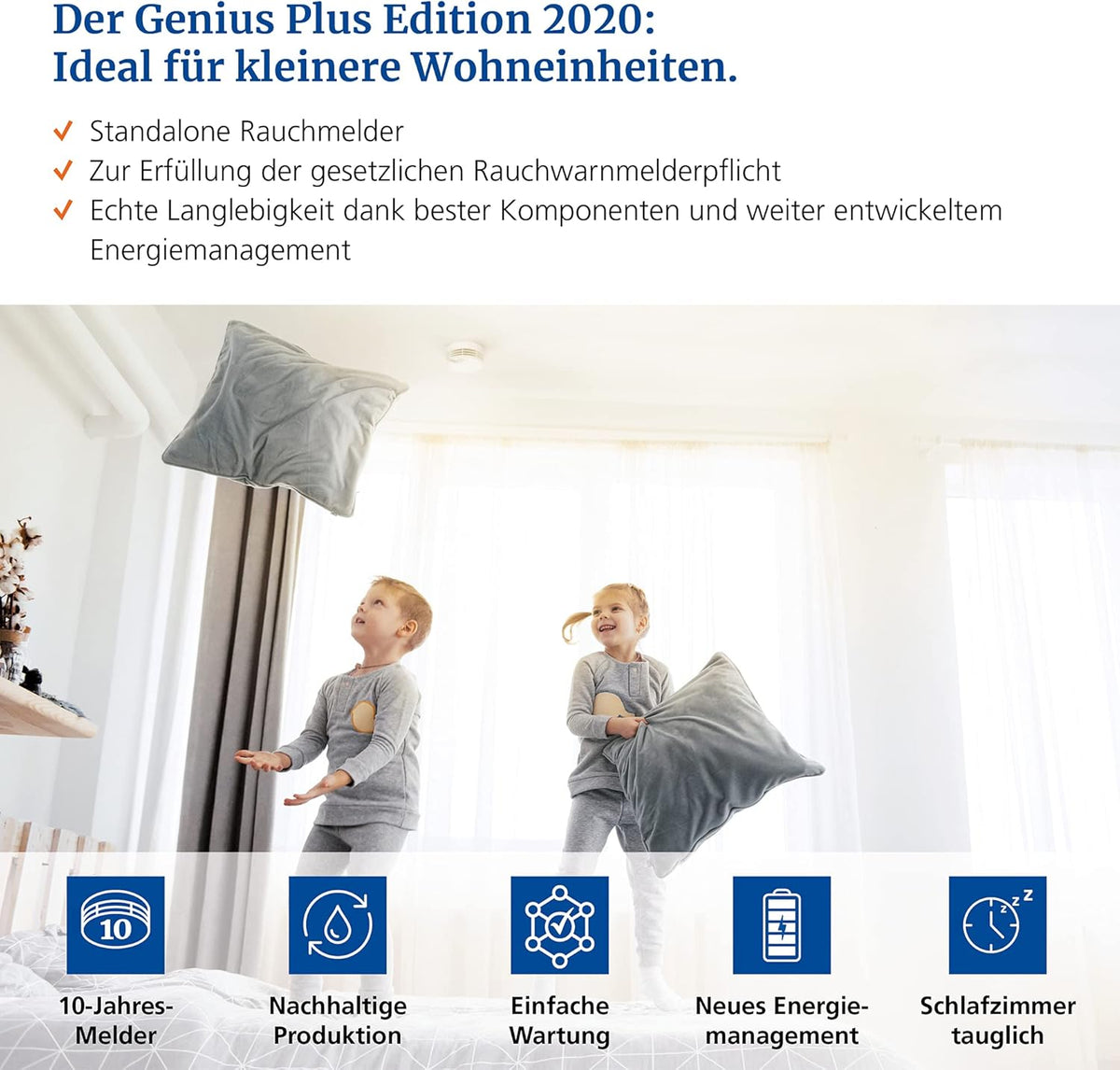Hekatron Genius Plus – Rauchmelder 10 Jahre Batterie – Testsieger Stiftung Warentest – Made in Germany – inkl. 1x Klebepad – App-unterstützt – Brandmelder – 1 Stück [Energieklasse B]