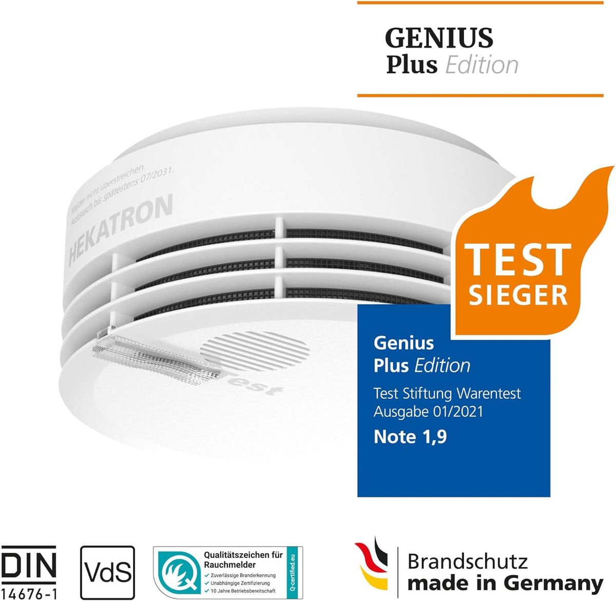 Hekatron Genius Plus – Rauchmelder 10 Jahre Batterie – Testsieger Stiftung Warentest – Made in Germany – inkl. 1x Klebepad – App-unterstützt – Brandmelder – 1 Stück [Energieklasse B]
