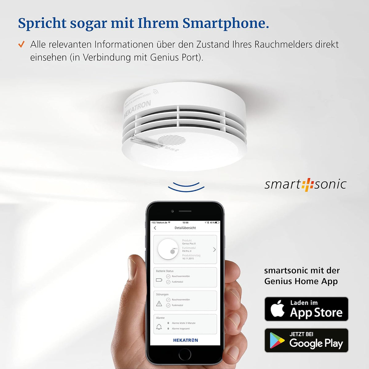 Hekatron Genius Plus – Rauchmelder 10 Jahre Batterie – Testsieger Stiftung Warentest – Made in Germany – inkl. 1x Klebepad – App-unterstützt – Brandmelder – 1 Stück [Energieklasse B]