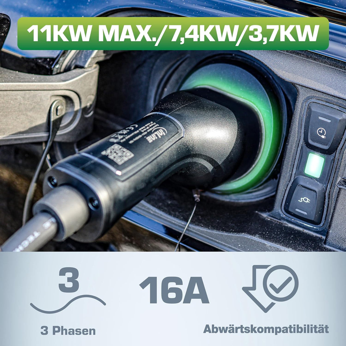 EV-Autoladekabel für Elektroauto, 7,5m, TYP2 EN 62196, inkl. Aufbewahrungstasche, 11KW MAX./7,4KW/3,7KW, 16A, 3-Phasig, kompatibel mit Modellen wie i3, iX, ID.3, ID.4, ID.5 und Anderen
