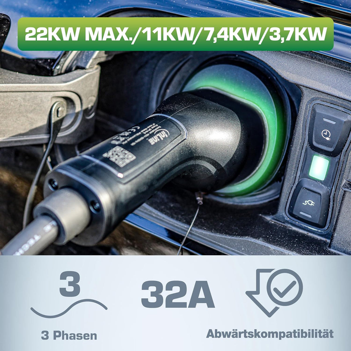 EV-Autoladekabel für Elektroauto, 5m, TYP2 EN 62196, inkl. Aufbewahrungstasche, 22KW MAX./11KW/7,4KW/3,7KW, 32A, 3-Phasig, kompatibel mit Modellen wie i3, iX, ID.3, ID.4 und Anderen