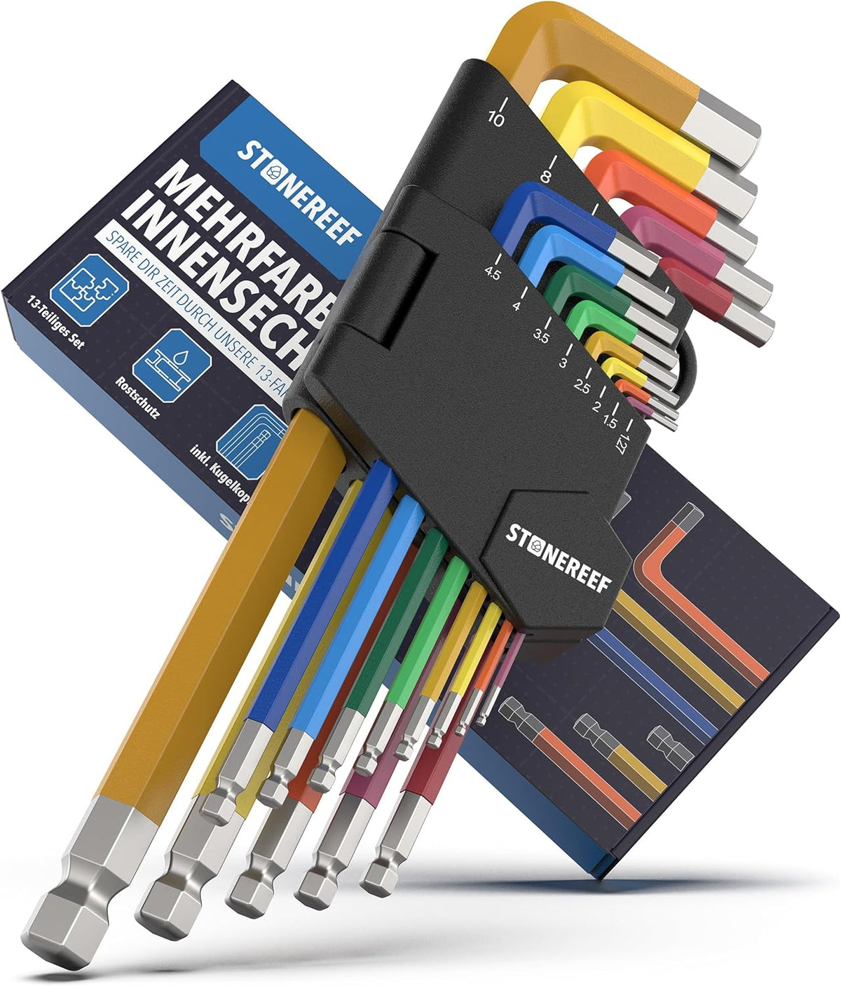 Innensechskantschlüssel Set 13tlg. [inkl. Kugelkopf] - 1,27-10mm Sechskant Multicolour Satz, Sechskantschlüssel Set für Handwerker, Winkelschlüsselsatz