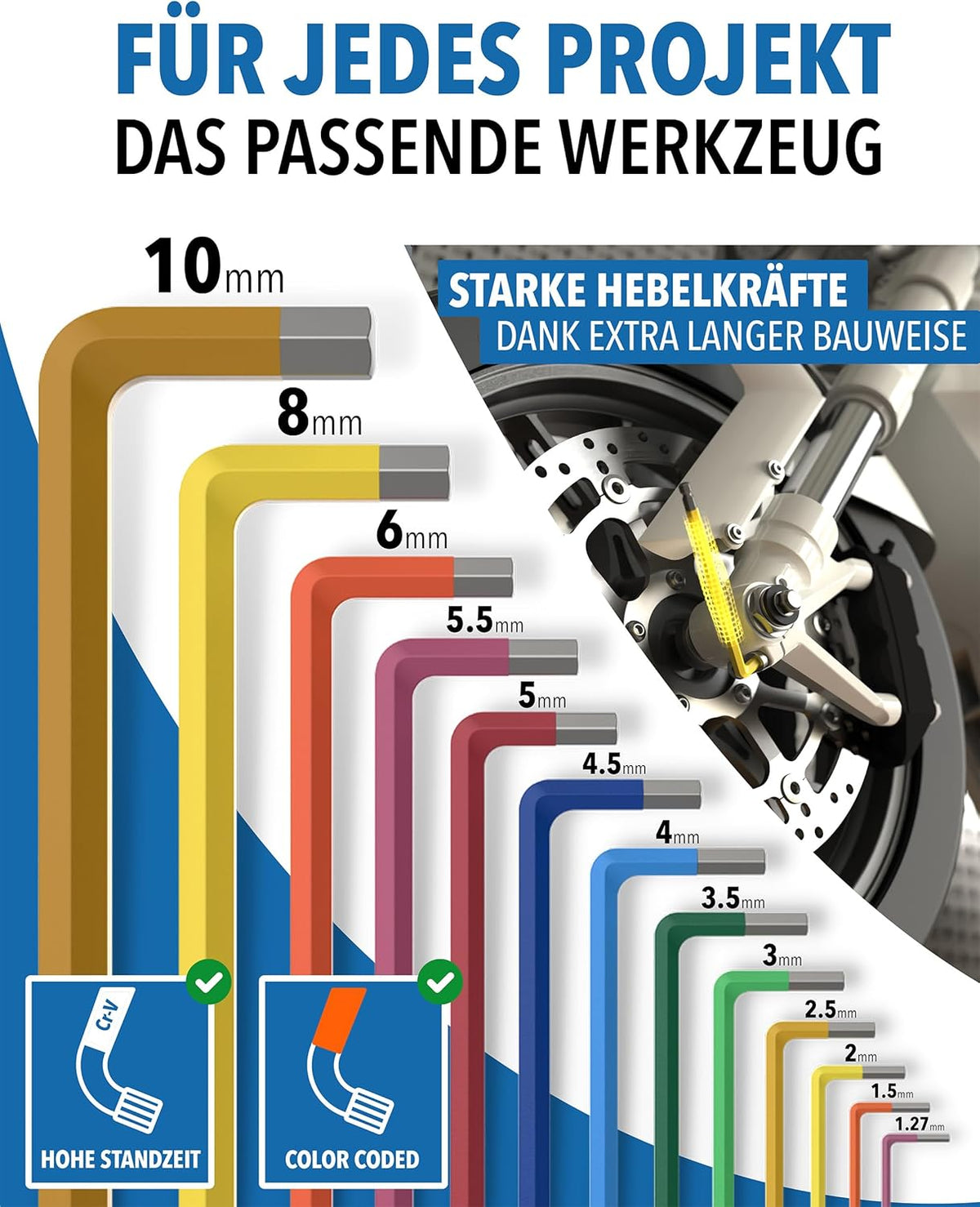 Innensechskantschlüssel Set 13tlg. [inkl. Kugelkopf] - 1,27-10mm Sechskant Multicolour Satz, Sechskantschlüssel Set für Handwerker, Winkelschlüsselsatz