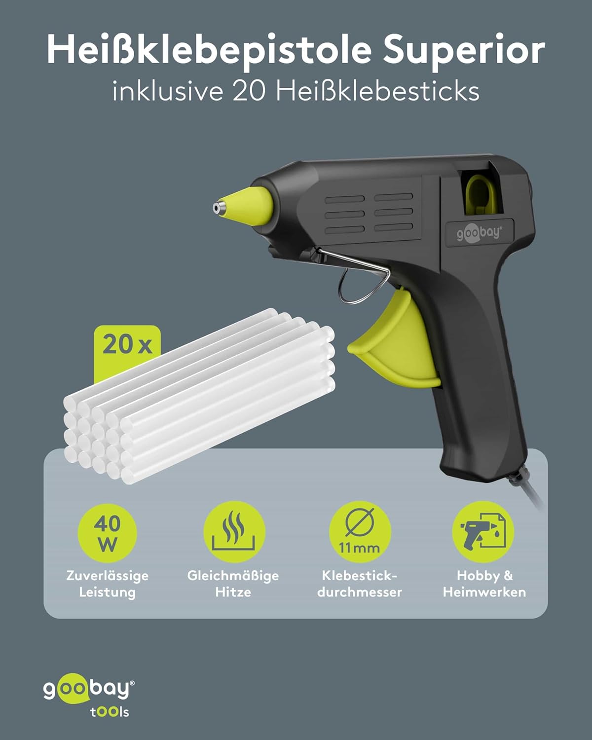 Heißklebepistole 40W inkl. 20 Klebesticks - für 11mm Sticks, 1m Kabel, schnelle Aufheizzeit 2-3 min, Reparaturen oder DYI, vielseitig einsetzbar für Keramik, Holz, Metall, Leder