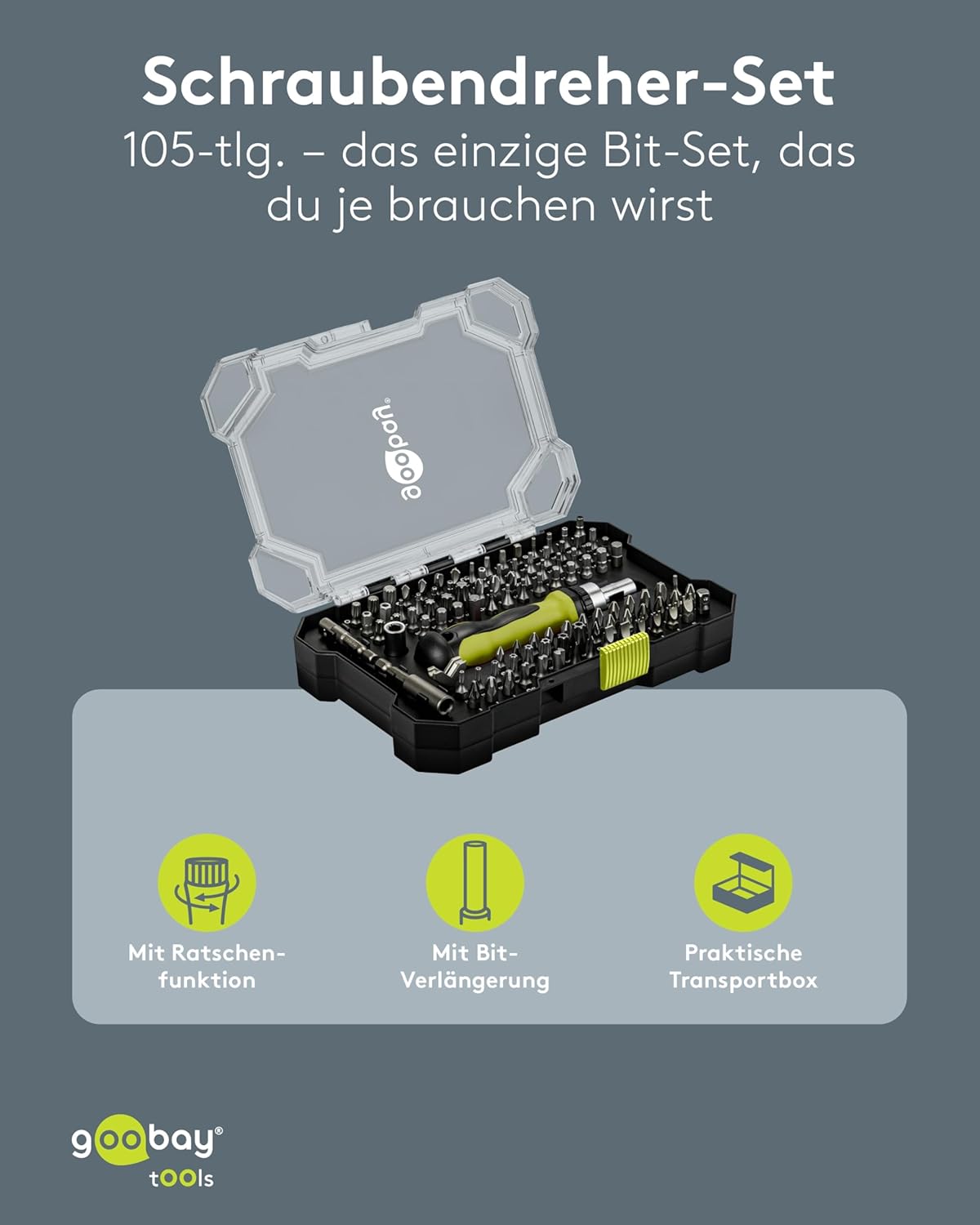 100-tlg. Schraubendreher-Set mit Ratschenfunktion/Präzisions-Bits aus S2-Stahl/Werkzeug-Set für Heimwerker, Reparatur & Montage/Inkl. Bit-Verlängerung & Adapter
