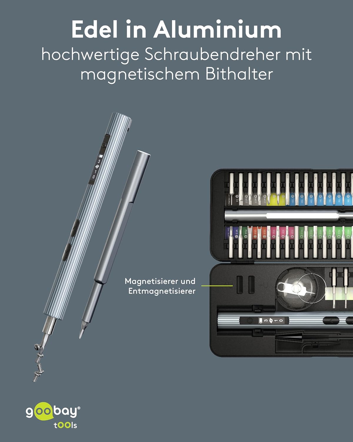 Elektrischer Akkuschraubendreher 58in1 mit 50 Präzisions-Bits, magnetischem Aluminium-Case, 3 Drehmomentstufen, LED-Licht, USB-C-Ladung, Werkzeug-Set für Elektronik, Smartphone & PC