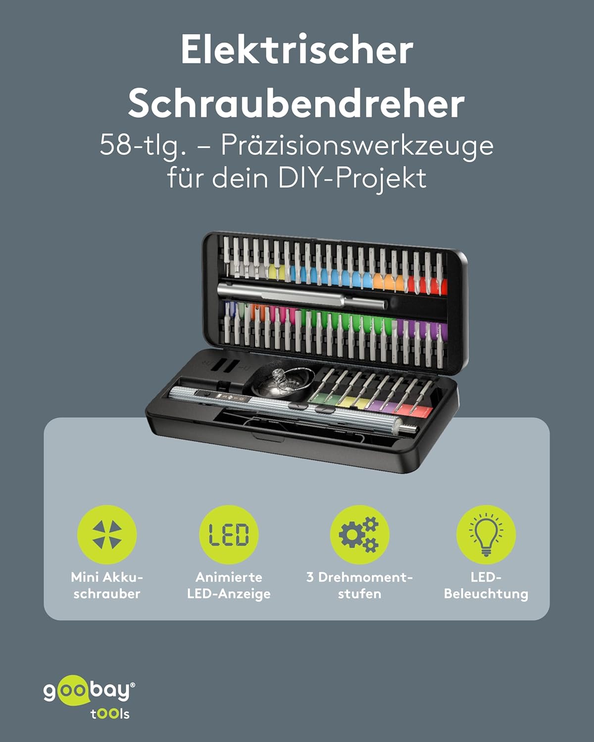 Elektrischer Akkuschraubendreher 58in1 mit 50 Präzisions-Bits, magnetischem Aluminium-Case, 3 Drehmomentstufen, LED-Licht, USB-C-Ladung, Werkzeug-Set für Elektronik, Smartphone & PC