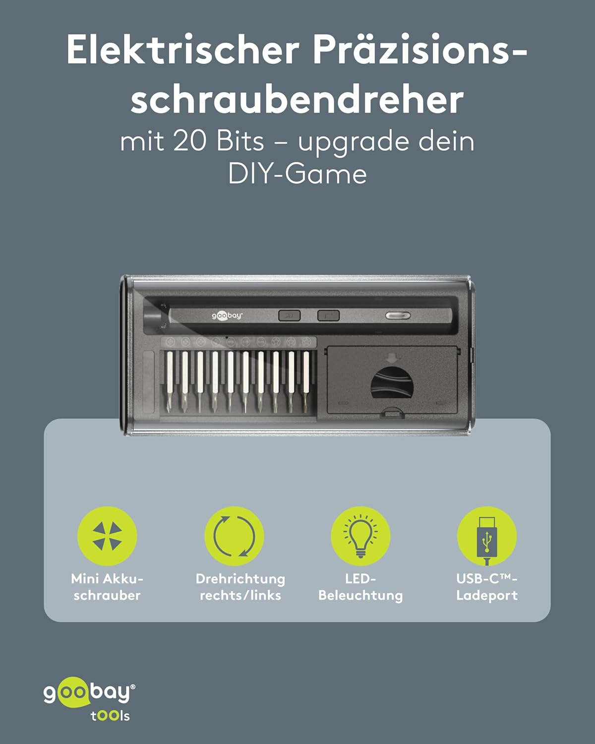 Elektrischer Präzisions-Akkuschraubendreher mit 20teiligem Bit-Set, magnetischem Aluminium-Case, 4 LED-Arbeitslichtern, USB-C Ladung, ideal für Elektronik-, Feinmechanik- und Heimwerkerarbeiten
