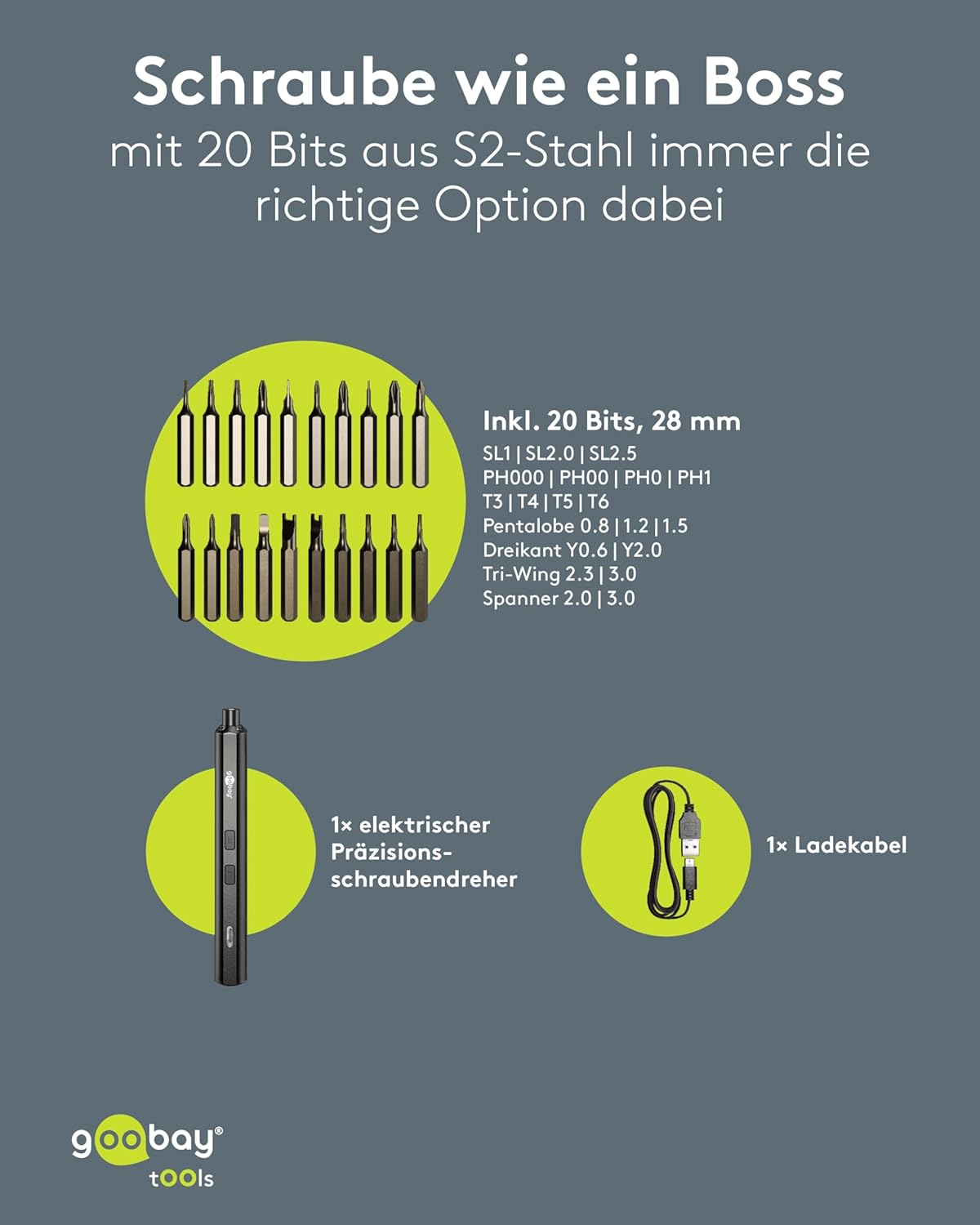Elektrischer Präzisions-Akkuschraubendreher mit 20teiligem Bit-Set, magnetischem Aluminium-Case, 4 LED-Arbeitslichtern, USB-C Ladung, ideal für Elektronik-, Feinmechanik- und Heimwerkerarbeiten