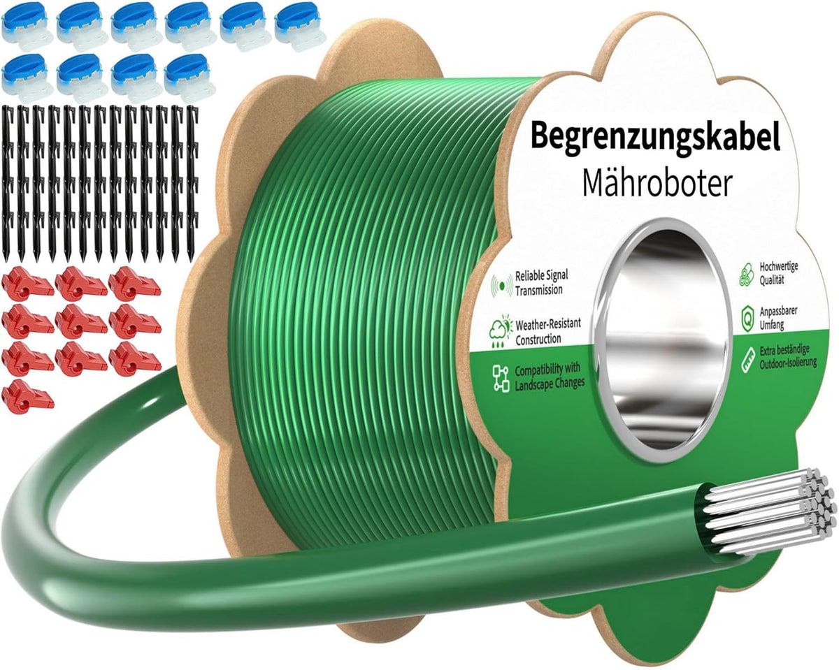 Begrenzungskabel Mähroboter - 100m Rasenroboter Begrenzungsdraht Ø2,7mm Set mit 50 Erdnägel +10 Verbinder +10 Anschlussklemmen, Allgemein Rasenmäher Roboter Kabel Kompatibel mit Gardena Husqvarna Worx Bosch