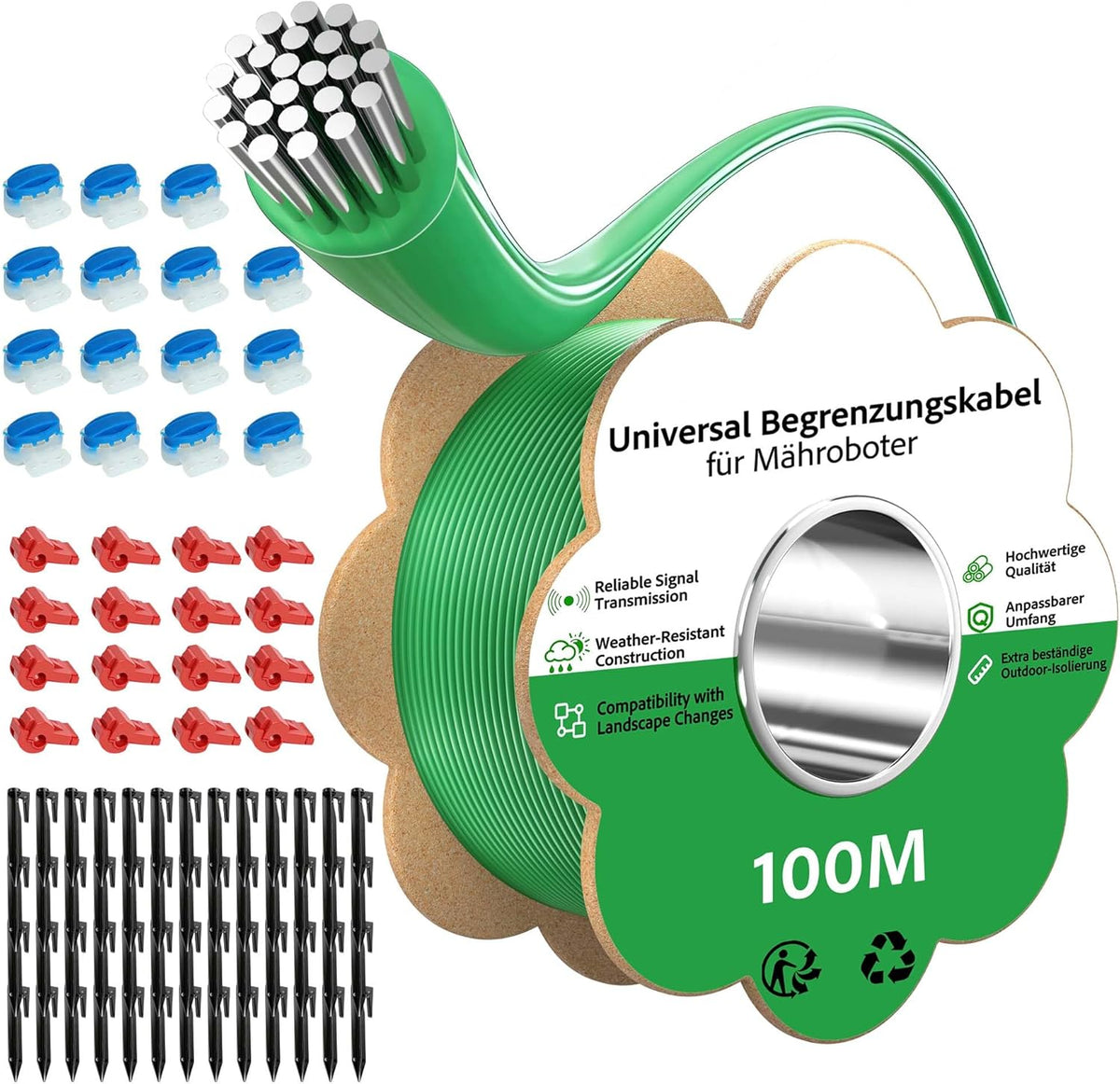 Begrenzungskabel Mähroboter - 100m Rasenroboter Begrenzungsdraht Ø2,7mm Set mit 50 Erdnägel +10 Verbinder +10 Anschlussklemmen, Allgemein Rasenmäher Roboter Kabel Kompatibel mit Gardena Husqvarna Worx Bosch
