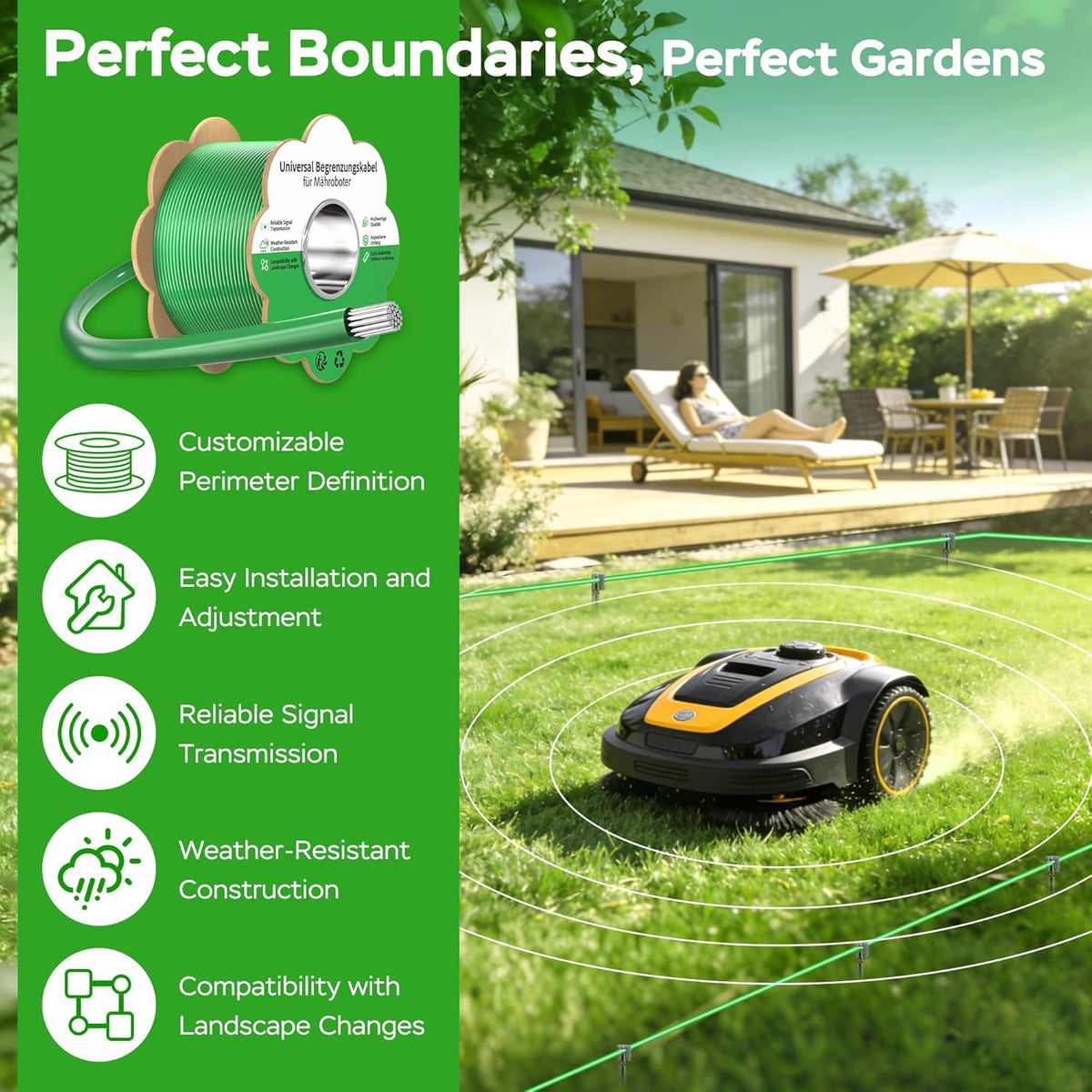 Begrenzungskabel Mähroboter - 100m Rasenroboter Begrenzungsdraht Ø2,7mm Set mit 50 Erdnägel +10 Verbinder +10 Anschlussklemmen, Allgemein Rasenmäher Roboter Kabel Kompatibel mit Gardena Husqvarna Worx Bosch