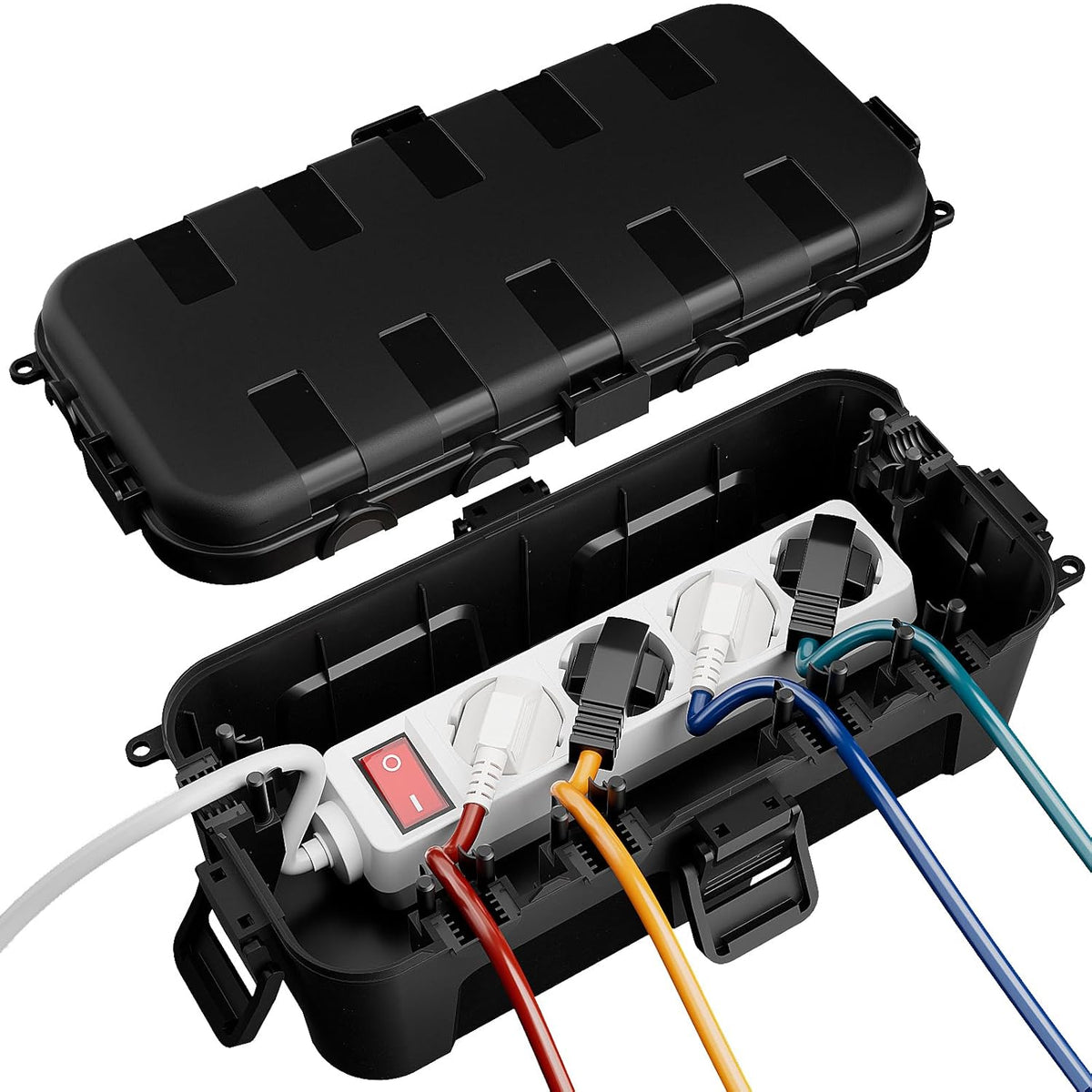 wasserdichte Kabelbox für den Außenbereich, IP54 wasserdicht, Wetterfeste Kabelbox, Ideal zum Schutz von Verlängerungskabeln, Steckdosenleisten und Winkelsteckern (29cm×13,2cm×10cm) Schwarz