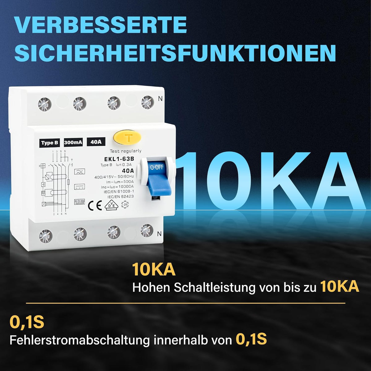 FI Schutzschalter Typ B 40A 300mA 4 Polig, VDE Zertifizierung Fehlerstromschutzschalter RCD Allstromsensitiver Schalter Automat Sicherun für Wallboxen Ladestationen, DIN Hutschiene Montage