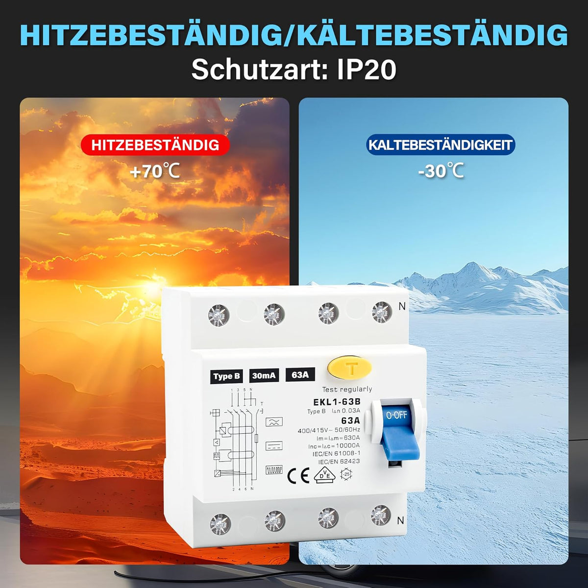 FI Schutzschalter Typ B 63A 30mA 4 Polig, VDE Zertifizierung Fehlerstromschutzschalter RCD Allstromsensitiver Schalter Automat Sicherung für Wallboxen Ladestationen, DIN Hutschiene Montage