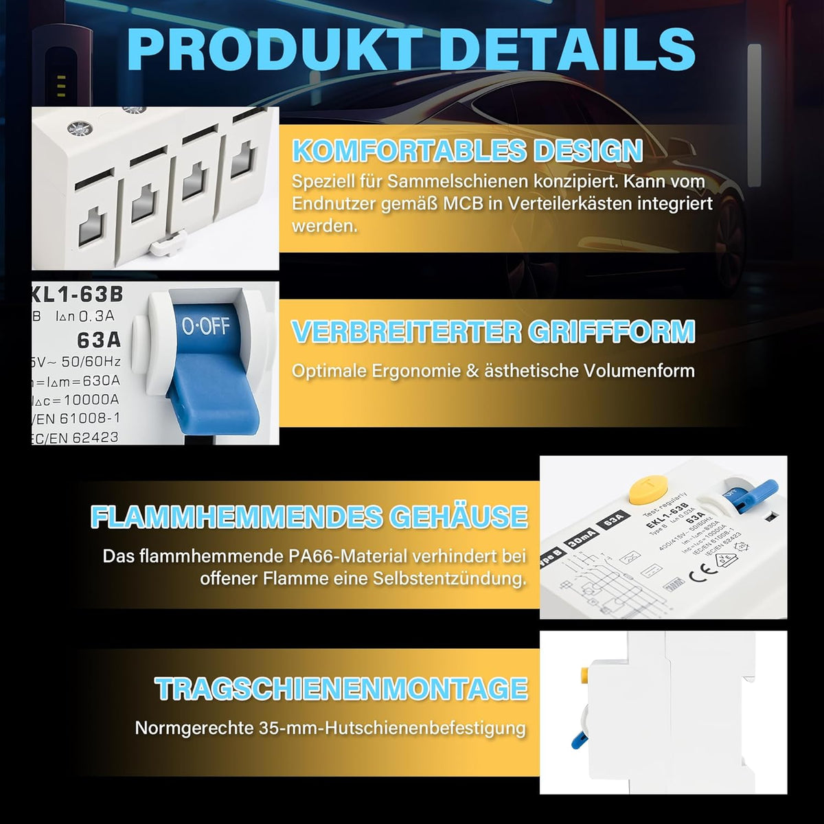FI Schutzschalter Typ B 63A 300mA 4 Polig, VDE Zertifizierung Fehlerstromschutzschalter RCD Allstromsensitiver Schalter Automat Sicherun für Wallboxen Ladestationen, DIN Hutschiene Montage