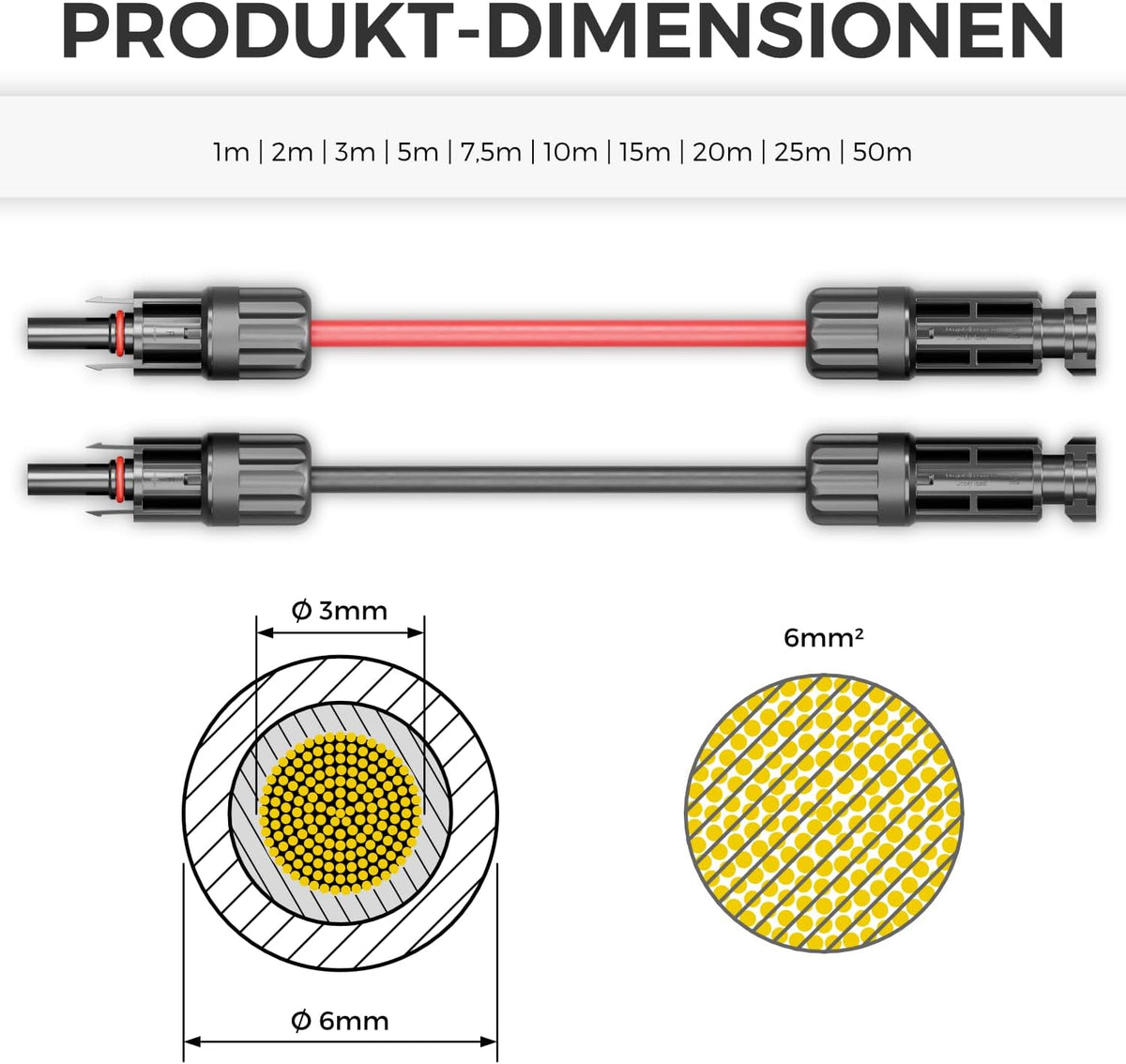 50m PV4 Solarkabel Verlängerung Set 6mm² für Photovoltaik-Anlagen - Verlängerungskabel für Serielle & Parallele Verkabelungen - 1kV AC 1,5kV DC - Wetterfest UV-Beständig IP68 - Rot & Schwarz