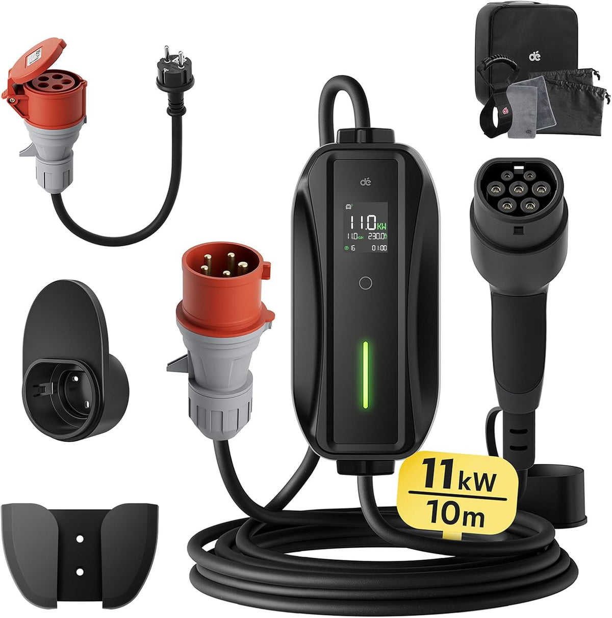 Mobile Wallbox / Ladestation 11kW [3-phasig | 10m | 6-16A] mit Einstellbarer Ladeleistung, Ladekabel CEE 16A auf Typ 2 und EV Ladegerät für Model Y/3, ID.3/4/5, MG4, EX30, e-up, e-tron, Zoe und andere EV
