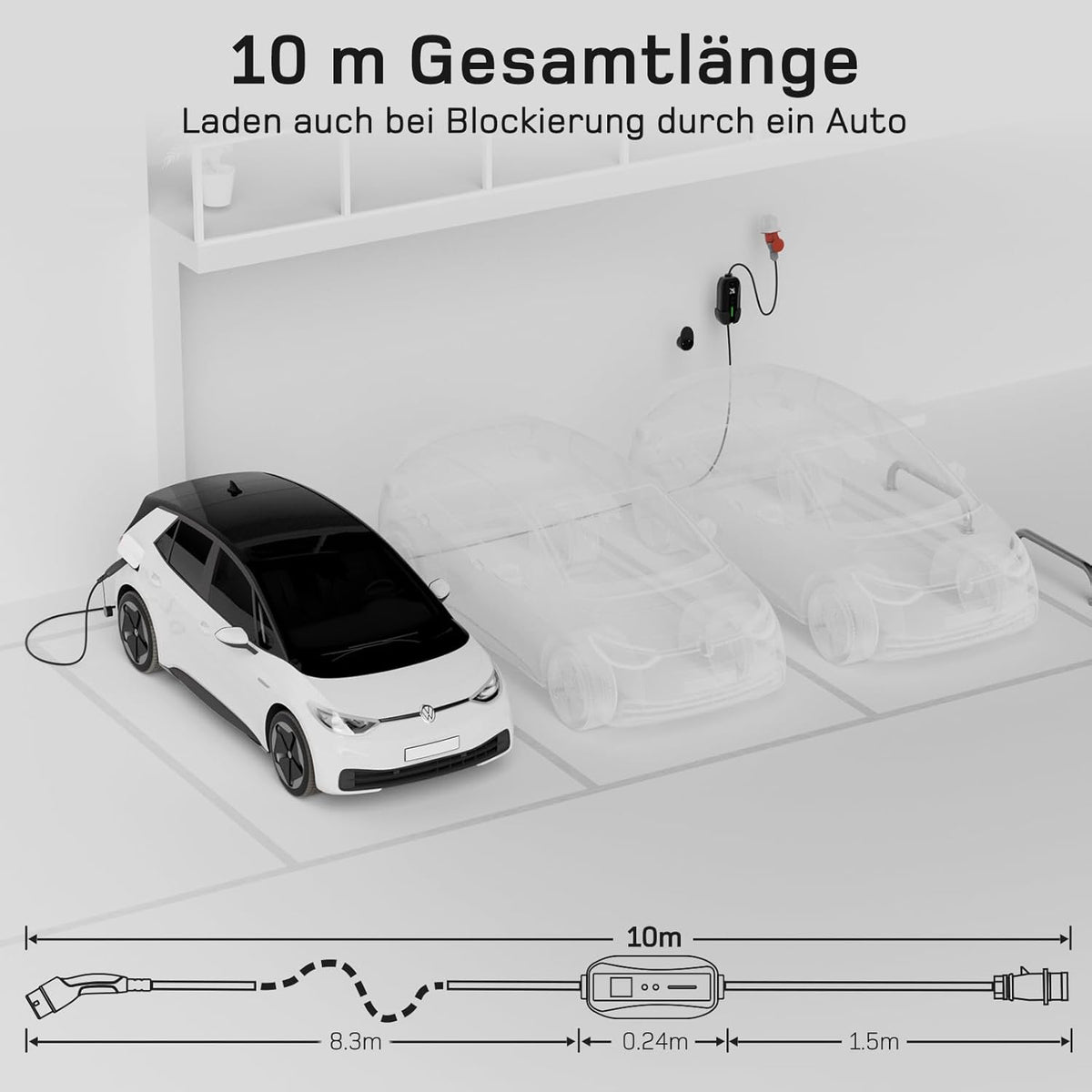 Mobile Wallbox / Ladestation 11kW [3-phasig | 10m | 6-16A] mit Einstellbarer Ladeleistung, Ladekabel CEE 16A auf Typ 2 und EV Ladegerät für Model Y/3, ID.3/4/5, MG4, EX30, e-up, e-tron, Zoe und andere EV