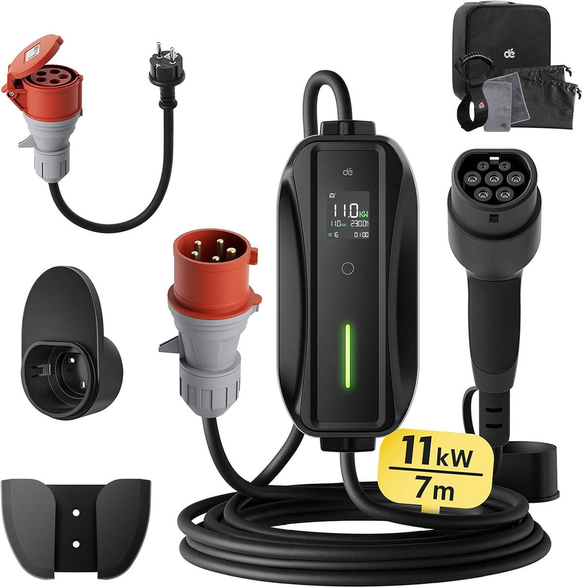 Mobile Wallbox / Ladestation 11kW [3-phasig | 7m | 6-16A] mit Einstellbarer Ladeleistung, Ladekabel CEE 16A auf Typ 2 und EV Ladegerät für Model Y/3, ID.3/4/5, MG4, EX30, e-up, e-tron, Zoe und andere EV