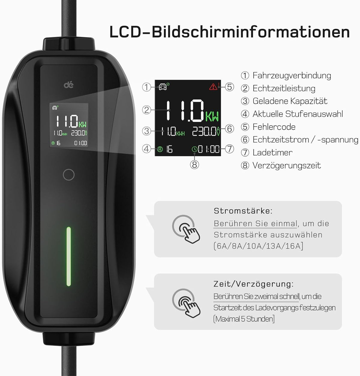 Mobile Wallbox / Ladestation 11kW [3-phasig | 15m | 6-16A] mit Einstellbarer Ladeleistung, Ladekabel CEE 16A auf Typ 2 und EV Ladegerät für Model Y/3, ID.3/4/5, MG4, EX30, e-up, e-tron, Zoe und andere EV