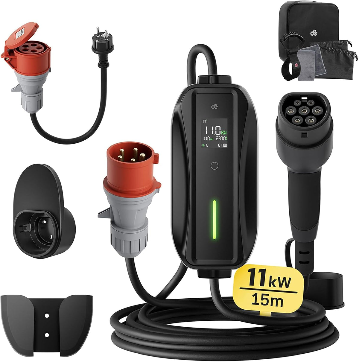 Mobile Wallbox / Ladestation 11kW [3-phasig | 15m | 6-16A] mit Einstellbarer Ladeleistung, Ladekabel CEE 16A auf Typ 2 und EV Ladegerät für Model Y/3, ID.3/4/5, MG4, EX30, e-up, e-tron, Zoe und andere EV