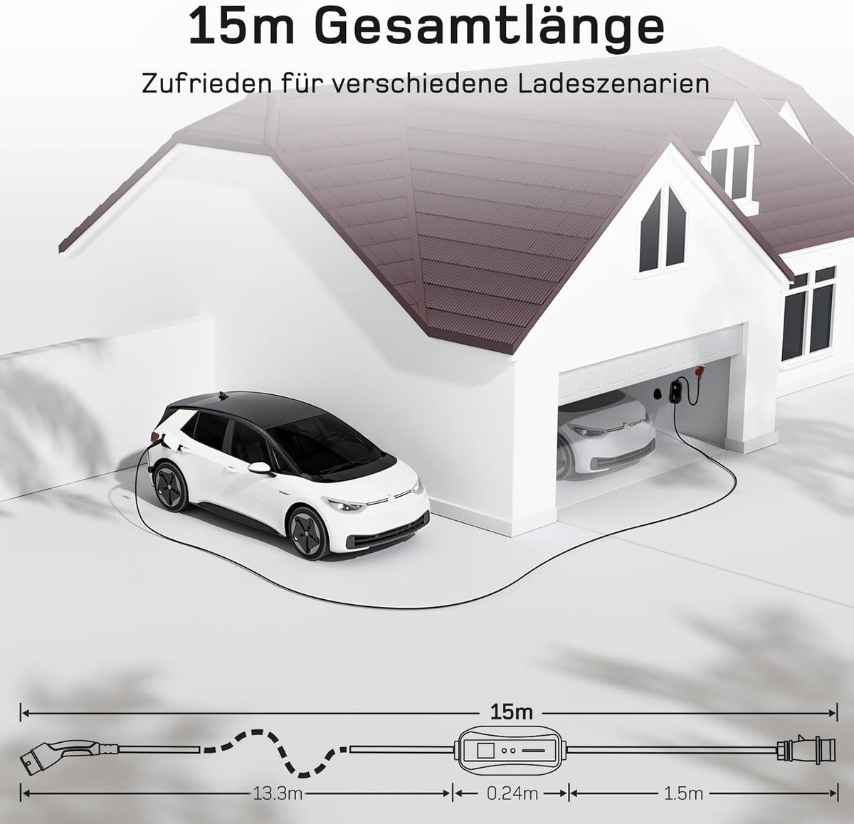 Mobile Wallbox / Ladestation 11kW [3-phasig | 15m | 6-16A] mit Einstellbarer Ladeleistung, Ladekabel CEE 16A auf Typ 2 und EV Ladegerät für Model Y/3, ID.3/4/5, MG4, EX30, e-up, e-tron, Zoe und andere EV