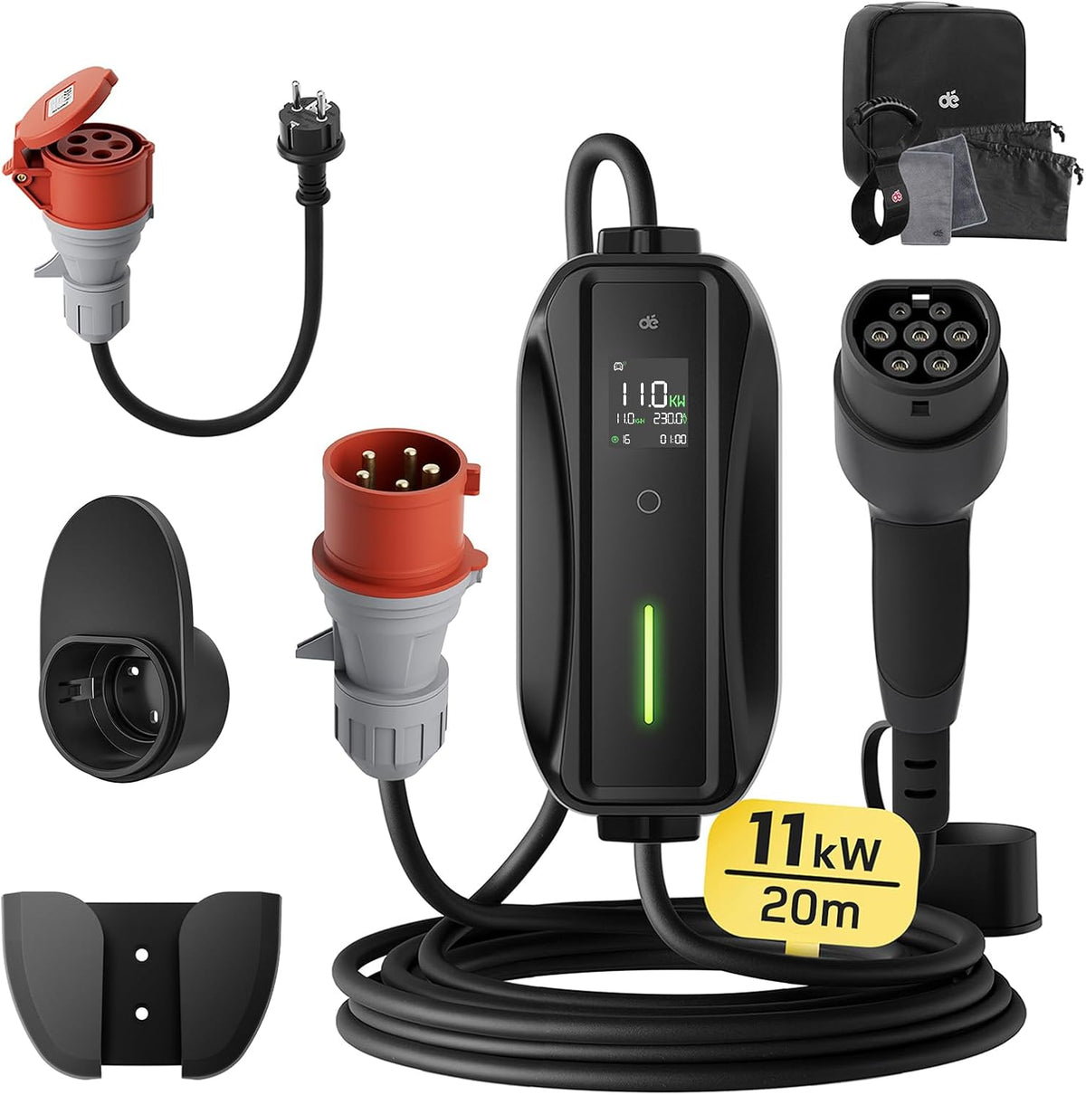 Mobile Wallbox / Ladestation 11kW [3-phasig | 20m | 6-16A] mit Einstellbarer Ladeleistung, Ladekabel CEE 16A auf Typ 2 und EV Ladegerät für Model Y/3, ID.3/4/5, MG4, EX30, e-up, e-tron, Zoe und andere EV