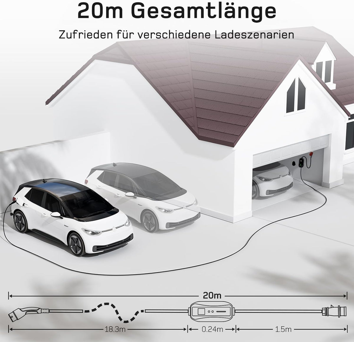 Mobile Wallbox / Ladestation 11kW [3-phasig | 20m | 6-16A] mit Einstellbarer Ladeleistung, Ladekabel CEE 16A auf Typ 2 und EV Ladegerät für Model Y/3, ID.3/4/5, MG4, EX30, e-up, e-tron, Zoe und andere EV