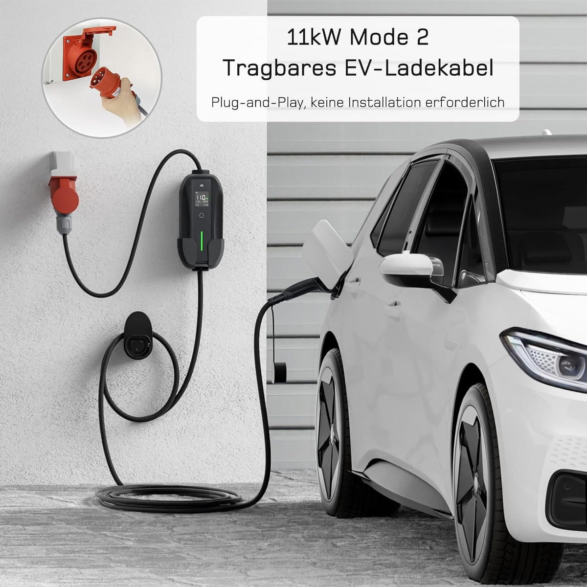 Mobile Wallbox / Ladestation 11kW [3-phasig | 25m | 6-16A] mit Einstellbarer Ladeleistung, Ladekabel CEE 16A auf Typ 2 und EV Ladegerät für Model Y/3, ID.3/4/5, MG4, EX30, e-up, e-tron, Zoe und andere EV
