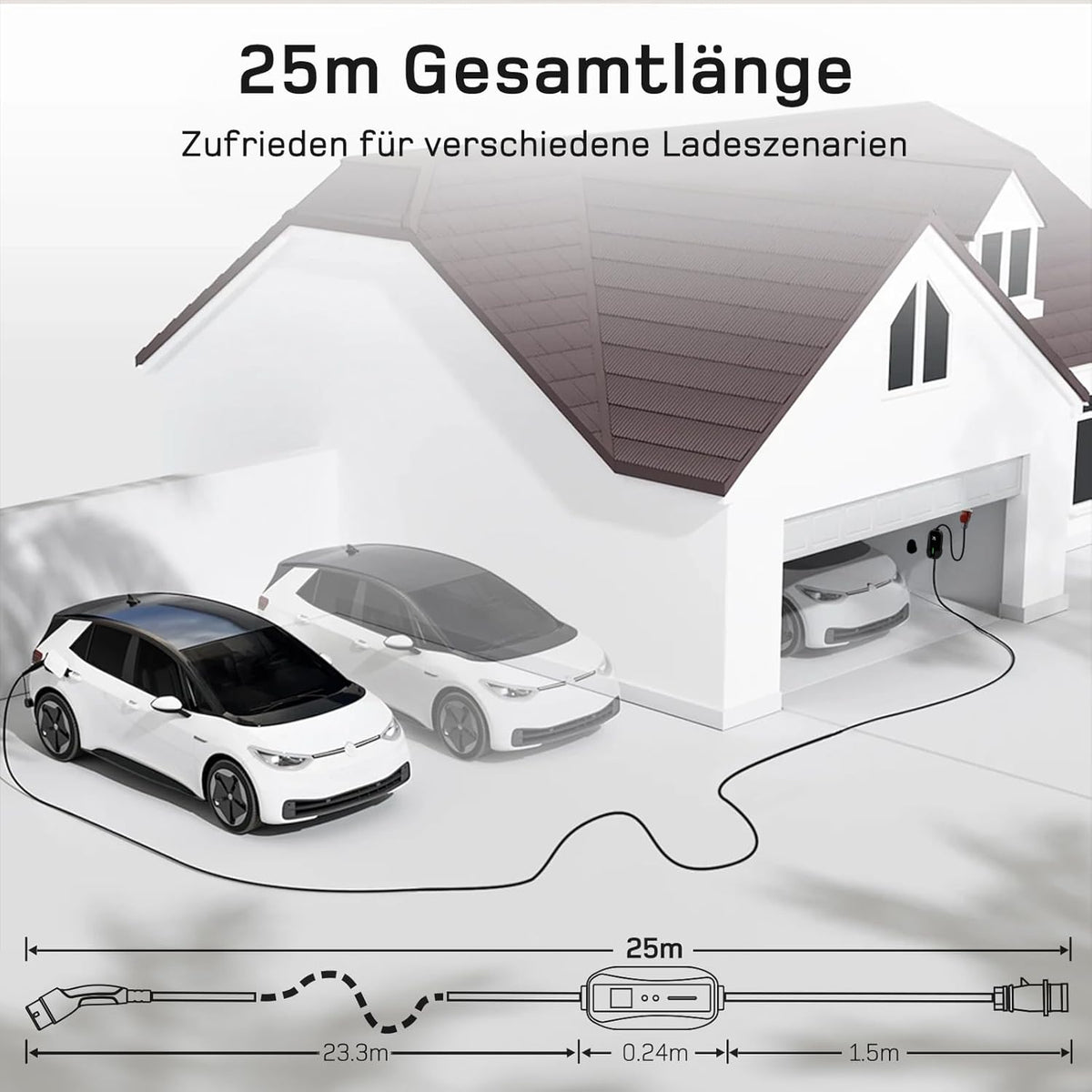 Mobile Wallbox / Ladestation 11kW [3-phasig | 25m | 6-16A] mit Einstellbarer Ladeleistung, Ladekabel CEE 16A auf Typ 2 und EV Ladegerät für Model Y/3, ID.3/4/5, MG4, EX30, e-up, e-tron, Zoe und andere EV