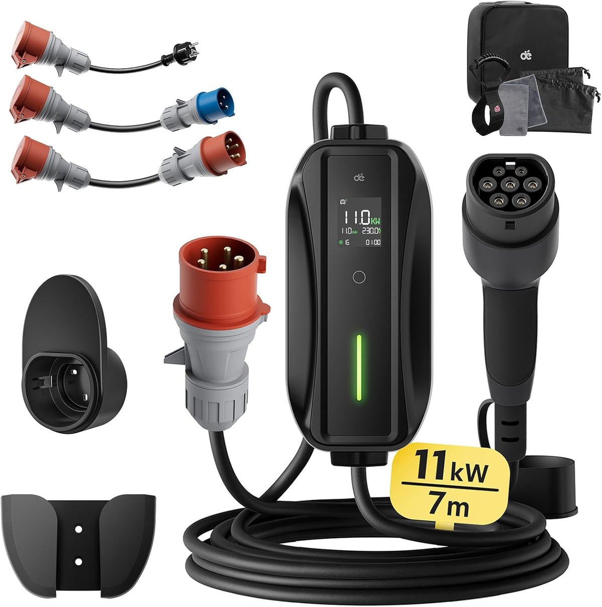 Mobile Wallbox/Ladestation 11kW [3-phasig | 7m | 6-16A] mit Traveller Adapter Set, Ladekabel CEE 16A auf Typ 2 und EV Ladegerät für Model Y/3, ID.3/4/5, MG4, EX30, e-up, e-tron, Zoe und andere EV