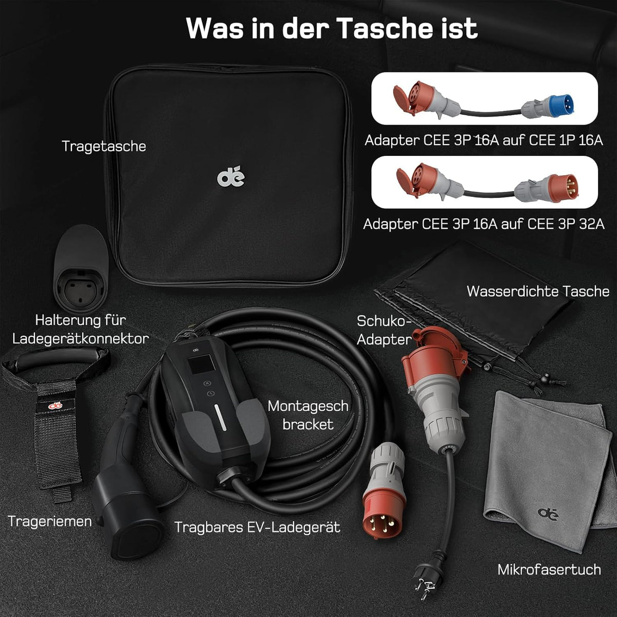 Mobile Wallbox/Ladestation 11kW [3-phasig | 7m | 6-16A] mit Traveller Adapter Set, Ladekabel CEE 16A auf Typ 2 und EV Ladegerät für Model Y/3, ID.3/4/5, MG4, EX30, e-up, e-tron, Zoe und andere EV