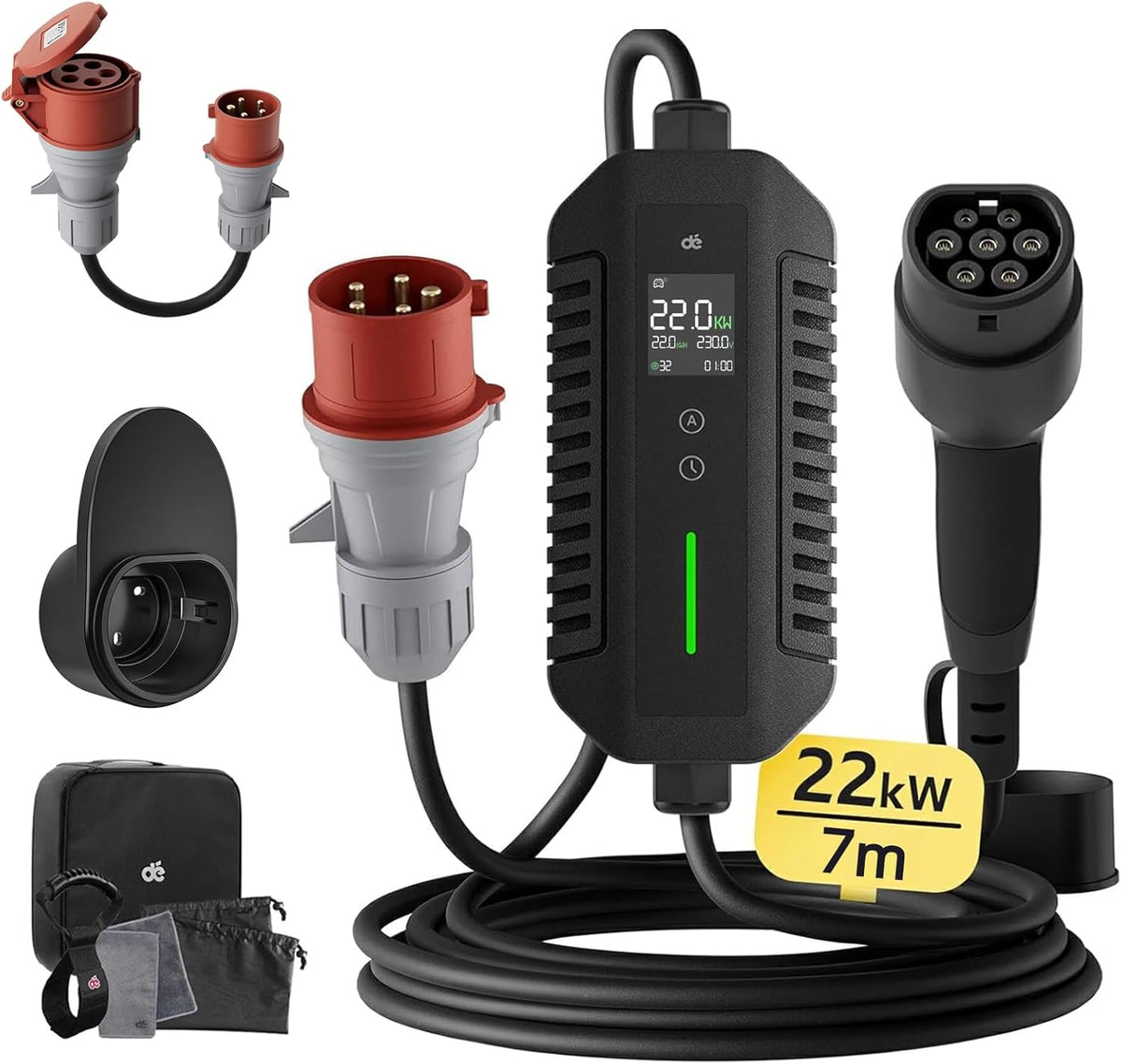Mobile Wallbox/Ladestation 22kW [3-phasig | 7m | 6-32A] mit stromzähler, Ladekabel CEE 32A auf Typ 2 und EV Ladegerät für Model Y/3, ID.3/4/5, MG4, EX30, e-up, e-tron, Zoe und andere EV/PHEV