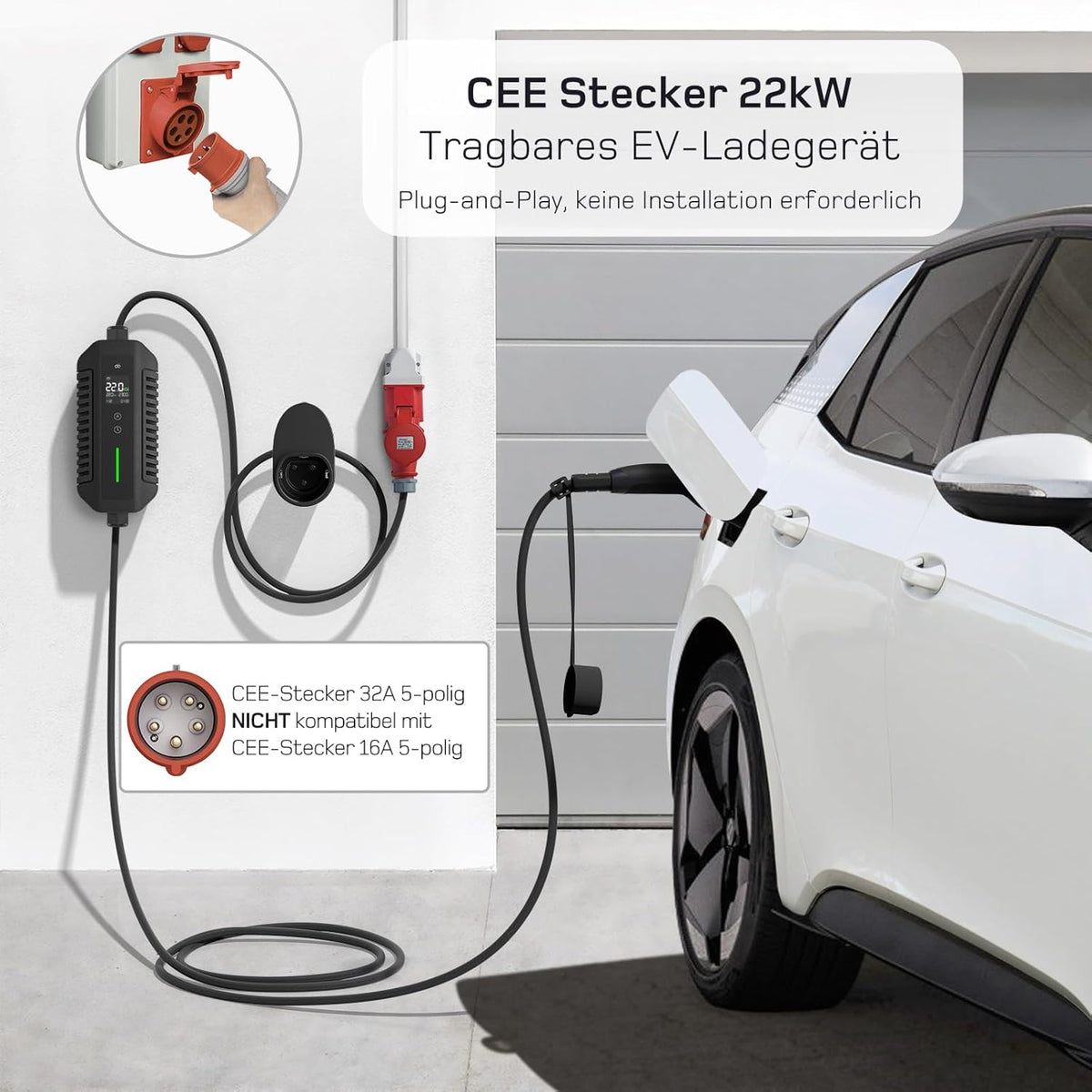 Mobile Wallbox/Ladestation 22kW [3-phasig | 7m | 6-32A] mit stromzähler, Ladekabel CEE 32A auf Typ 2 und EV Ladegerät für Model Y/3, ID.3/4/5, MG4, EX30, e-up, e-tron, Zoe und andere EV/PHEV