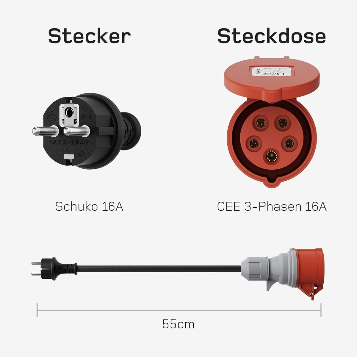 Adapterset CEE 16A 5-Poliger für Mobile Wallbox / EV Ladegerät / Ladestation an CEE Rot 32A/ CEE Blau 16A/ 230V Haushaltssteckdose mit 0,5m Gummikabel H07RN-F 3G2.5mm² IP44 Außeneinsatz