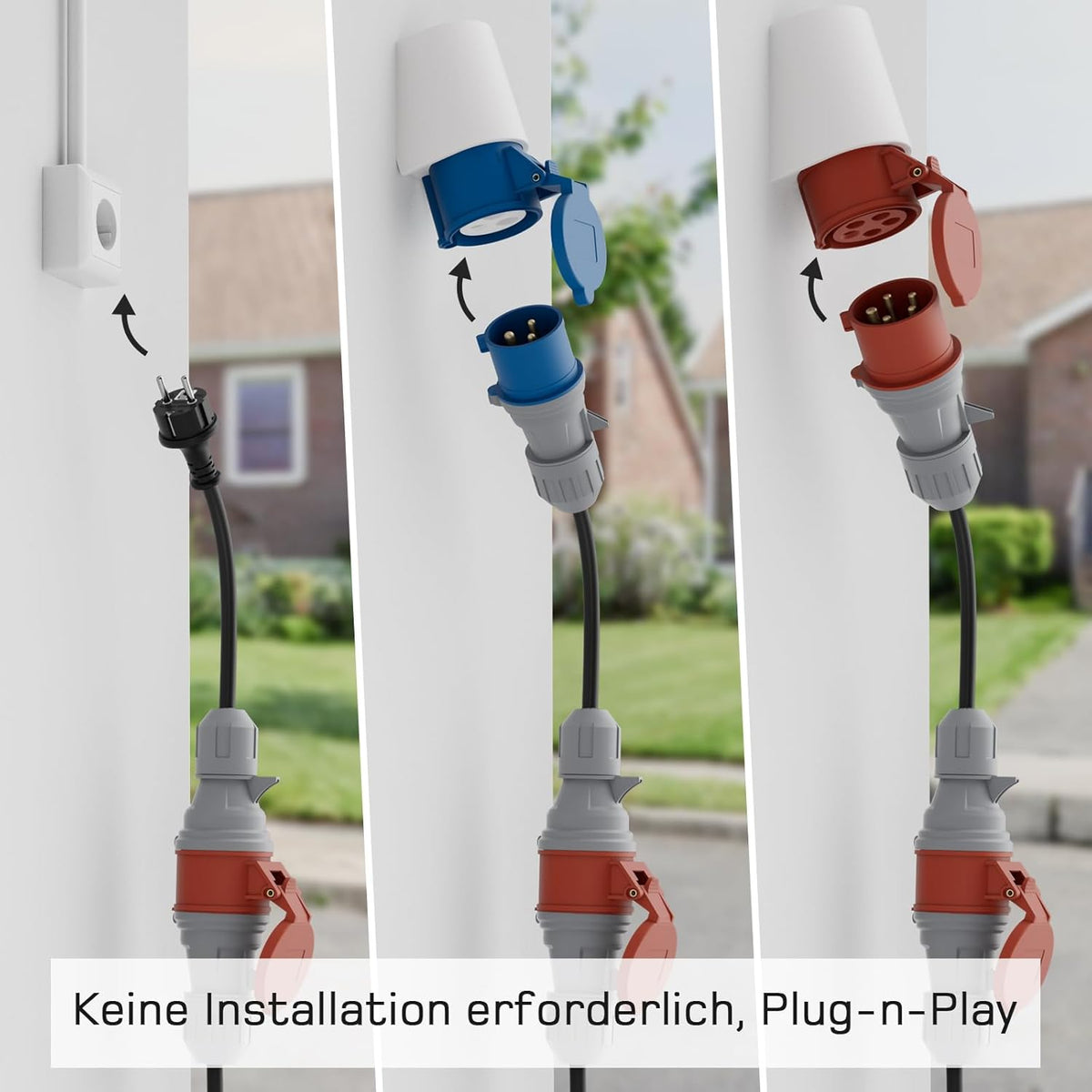 Adapterset CEE 16A 5-Poliger für Mobile Wallbox / EV Ladegerät / Ladestation an CEE Rot 32A/ CEE Blau 16A/ 230V Haushaltssteckdose mit 0,5m Gummikabel H07RN-F 3G2.5mm² IP44 Außeneinsatz