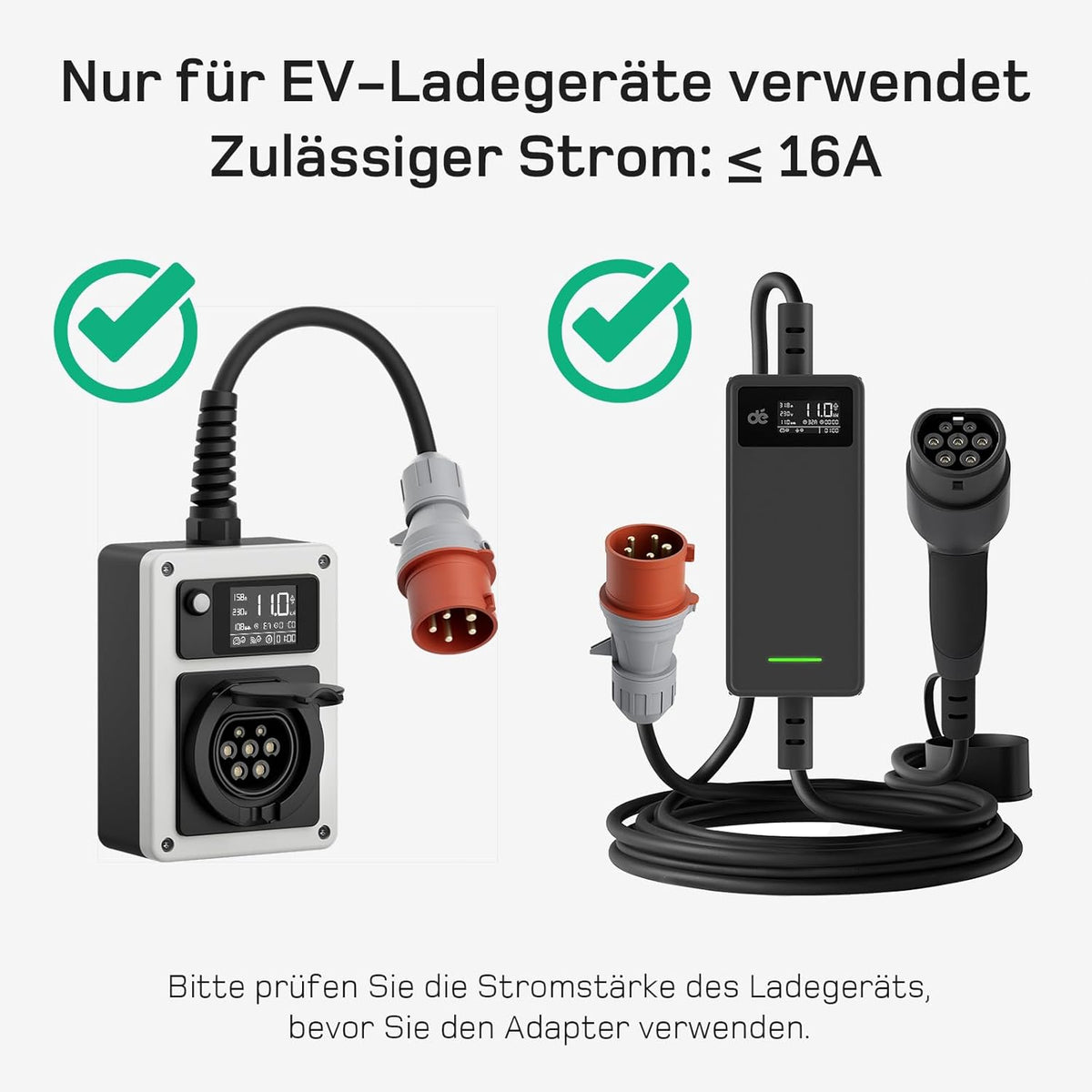 Adapterset CEE 16A 5-Poliger für Mobile Wallbox / EV Ladegerät / Ladestation an CEE Rot 32A/ CEE Blau 16A/ 230V Haushaltssteckdose mit 0,5m Gummikabel H07RN-F 3G2.5mm² IP44 Außeneinsatz