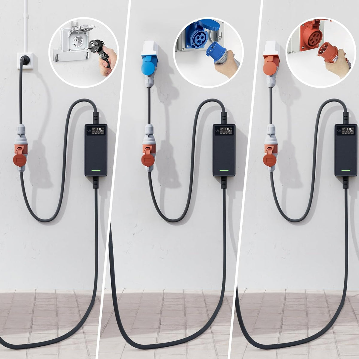 Adapterset CEE 16A 5-Poliger für Mobile Wallbox / EV Ladegerät / Ladestation an CEE Rot 32A/ CEE Blau 16A/ 230V Haushaltssteckdose mit 0,5m Gummikabel H07RN-F 3G2.5mm² IP44 Außeneinsatz